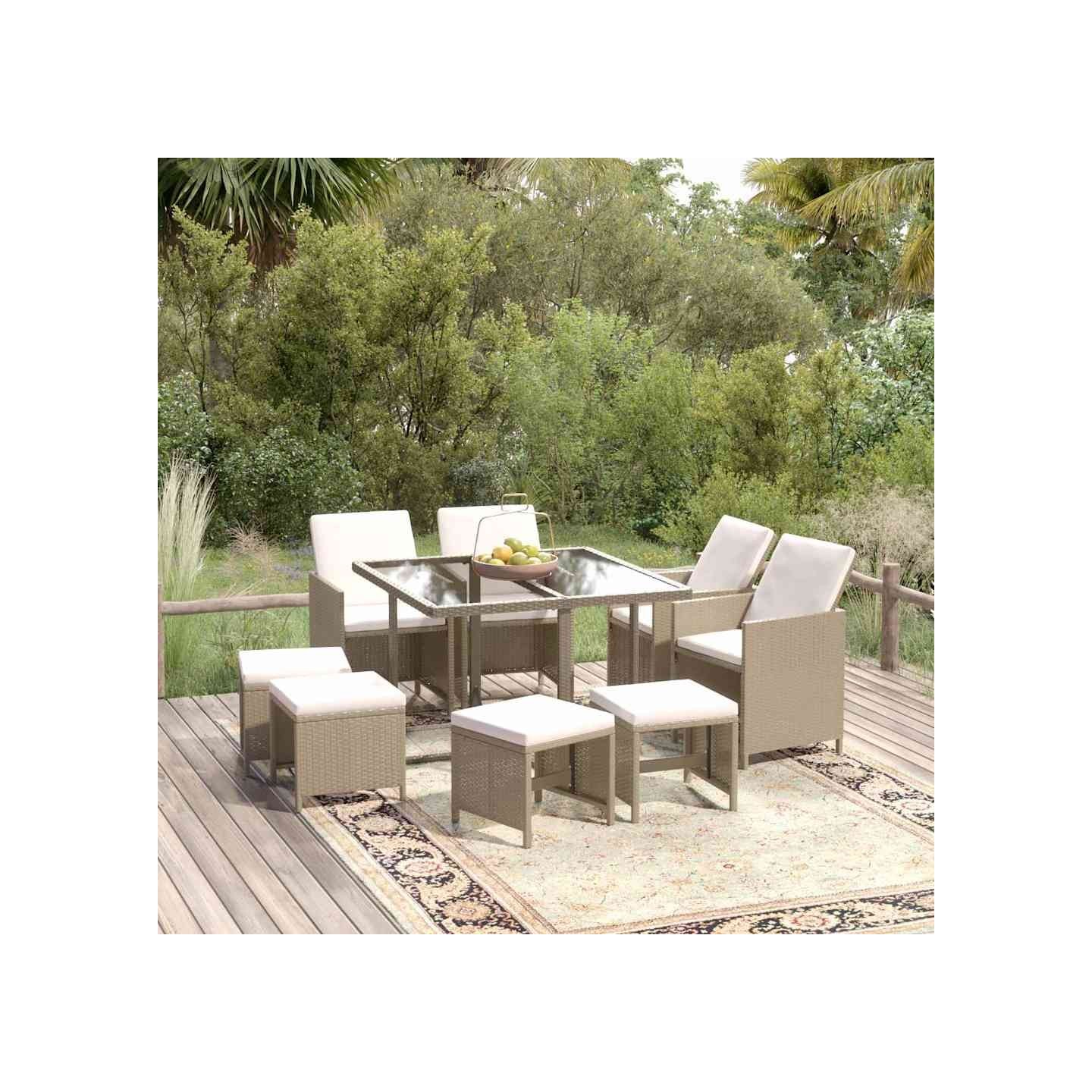 Ensemble à manger de jardin et coussins 9 pcs Poly rotin Beige