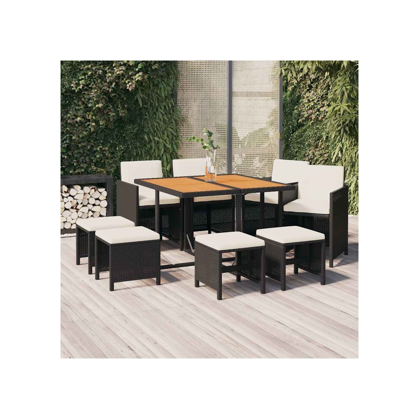 Ensemble à manger de jardin coussins 9pcs Résine tressée Noir