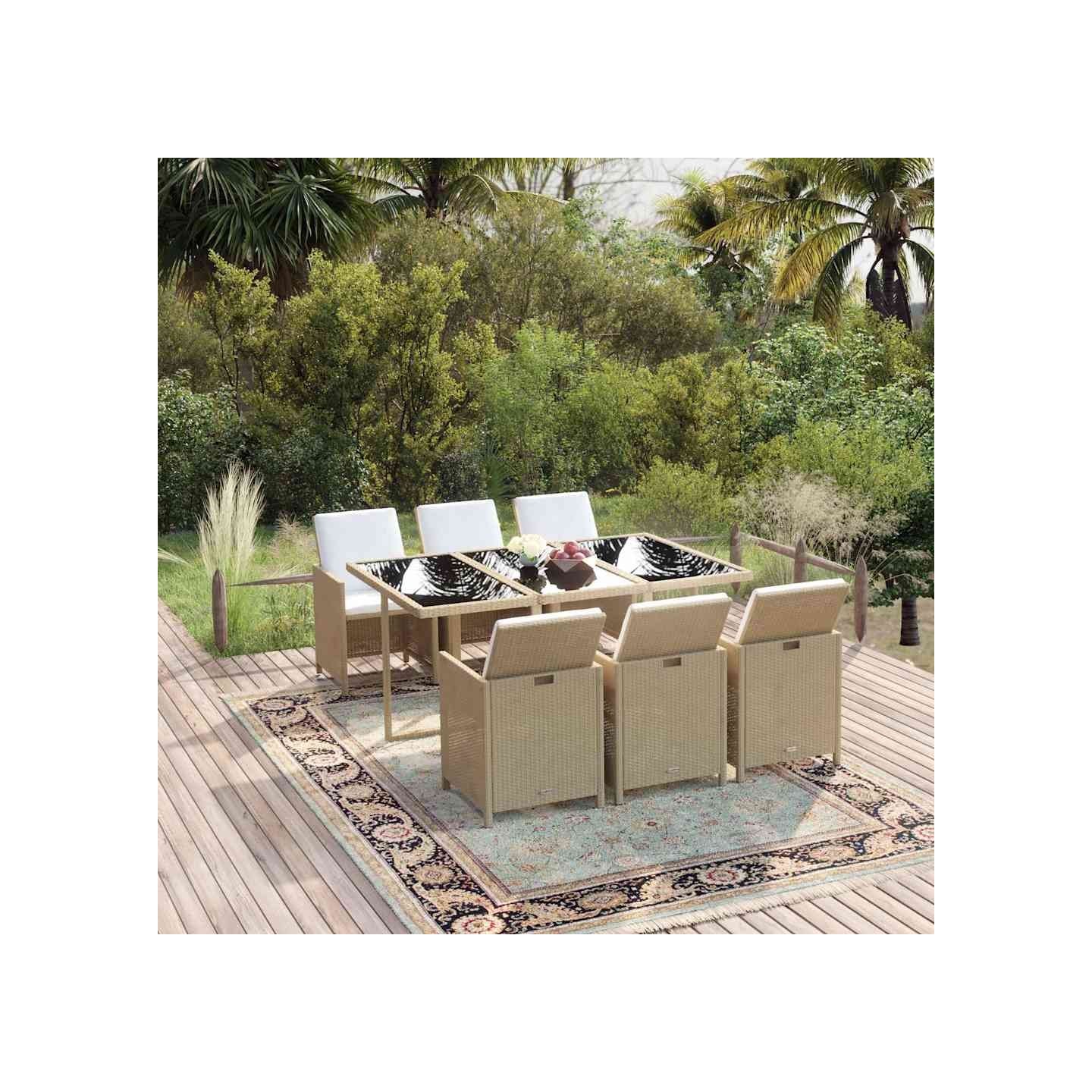 Ensemble à manger de jardin et coussins 7 pcs Poly rotin Beige