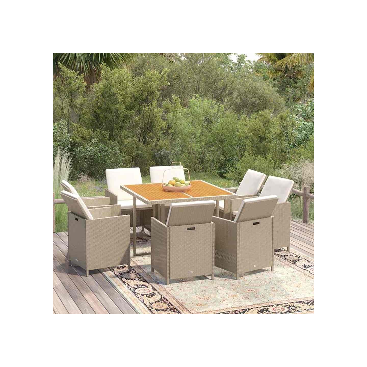 Ensemble à manger de jardin et coussins 9 pcs Poly rotin Beige