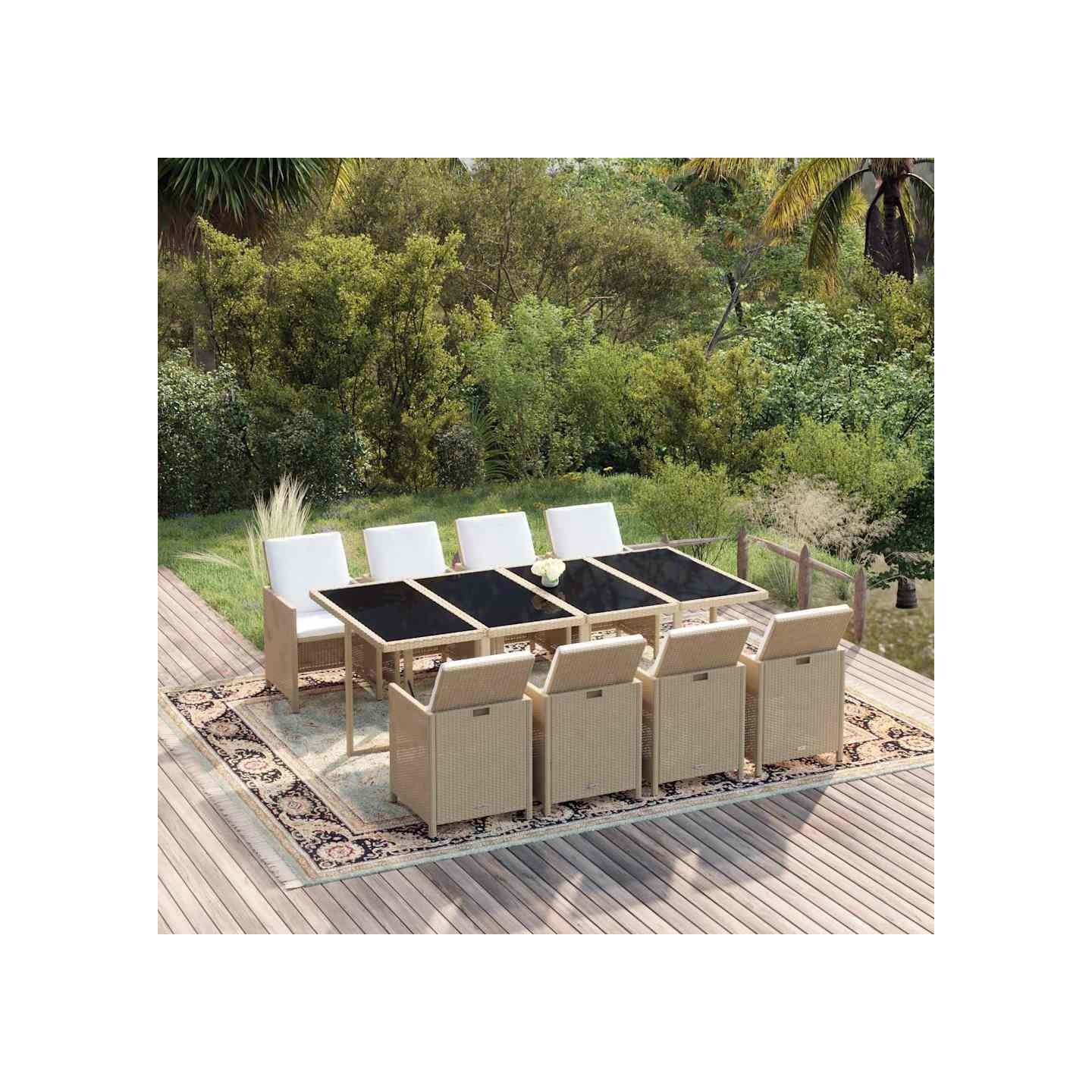 Ensemble à manger de jardin et coussins 9 pcs Poly rotin Beige