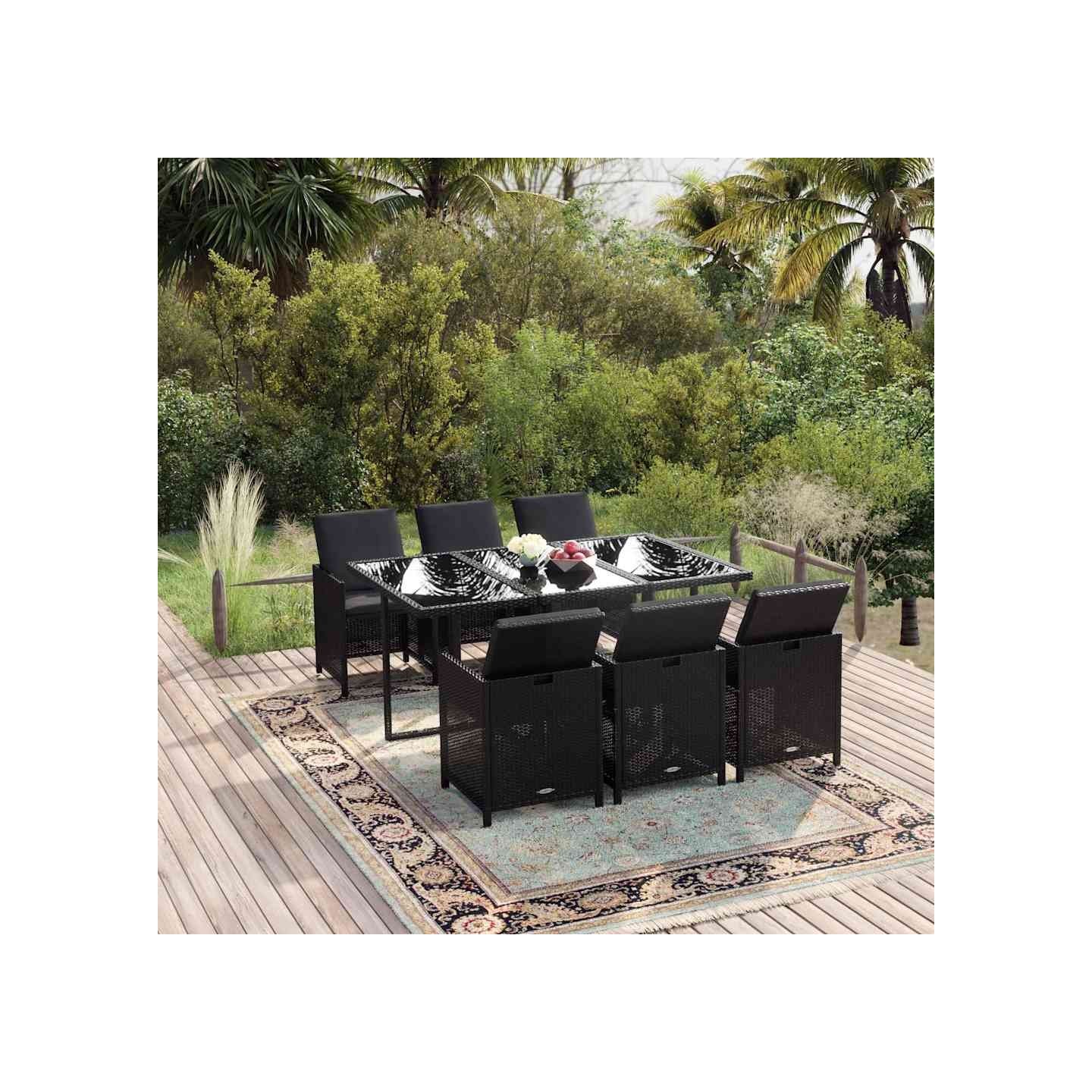 Ensemble à manger de jardin coussins 7pcs Résine tressée Noir