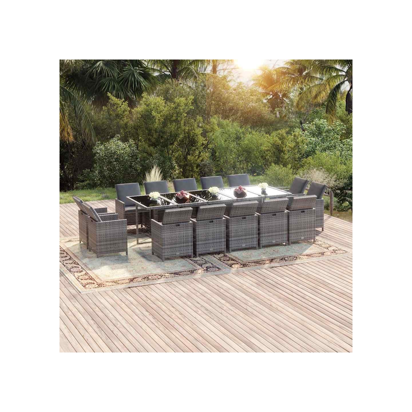 Ensemble à manger de jardin coussins 15 pcs Résine tressée Gris