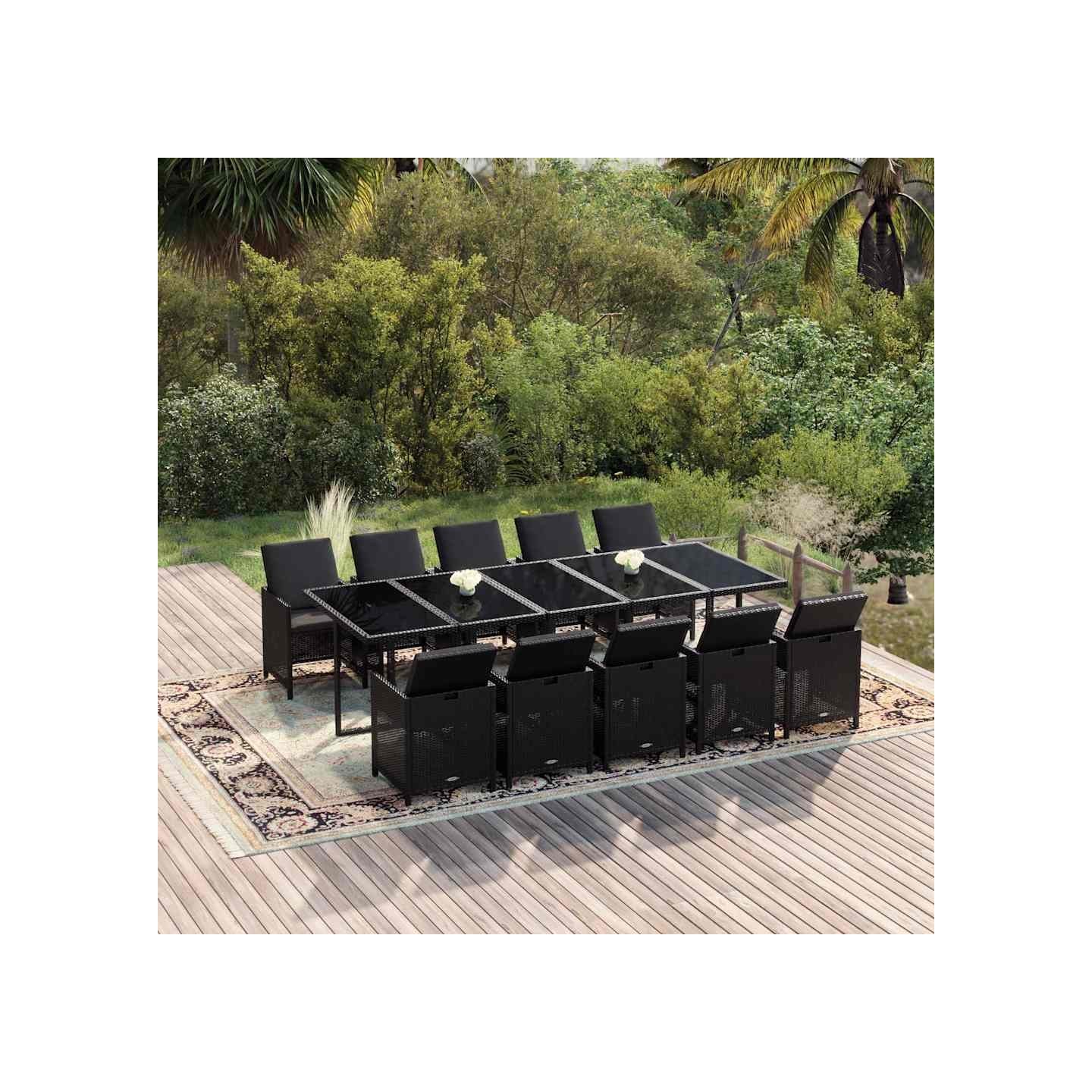 Ensemble à manger de jardin coussins 11 pcs Résine tressée Noir