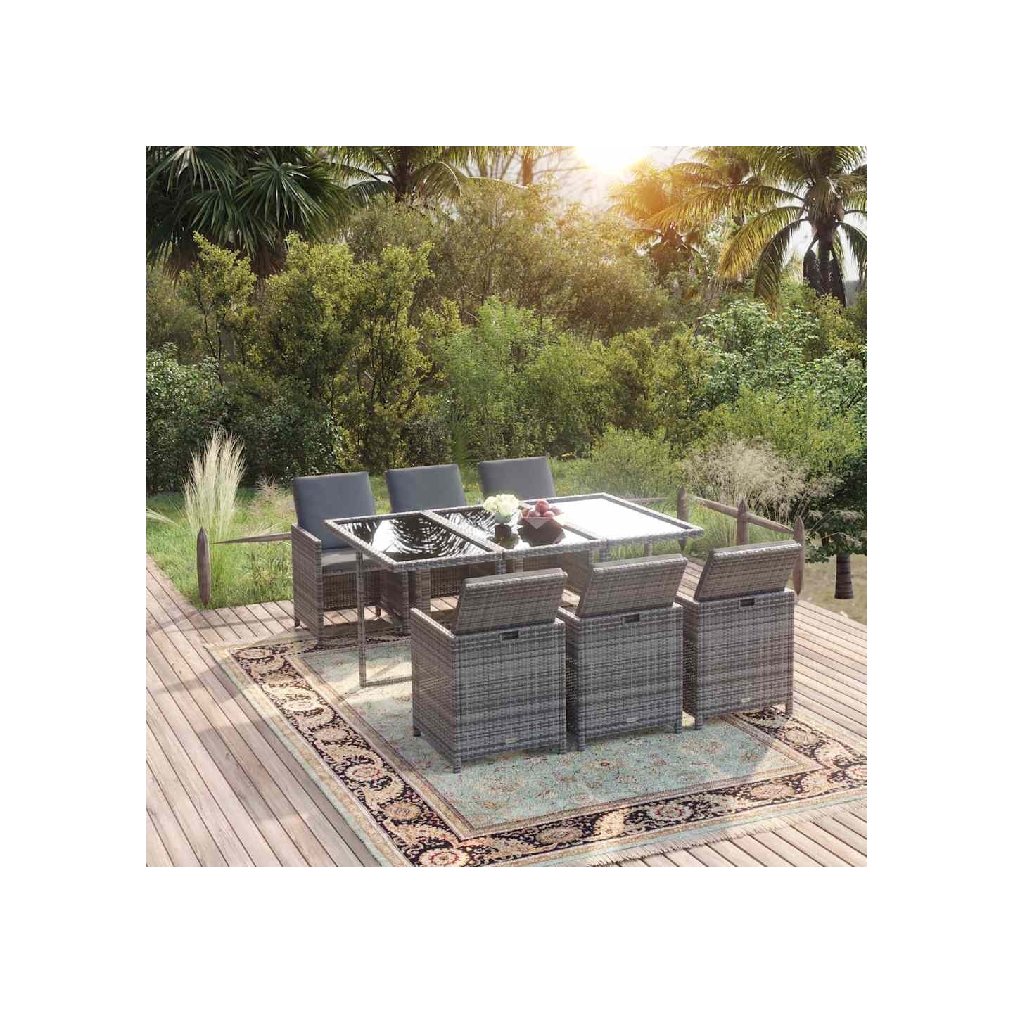 Ensemble à manger de jardin coussins 7pcs Résine tressée Gris