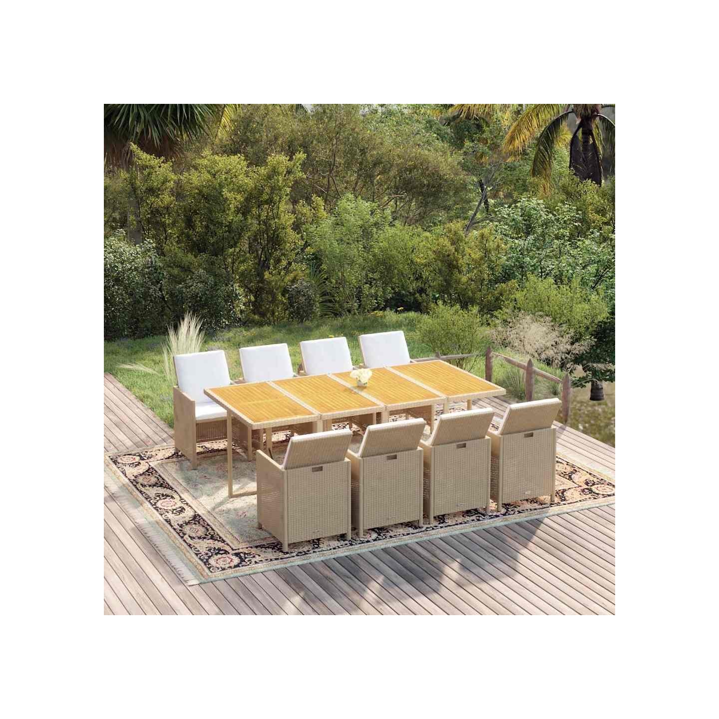 Ensemble à manger de jardin et coussins 9 pcs Poly rotin Beige