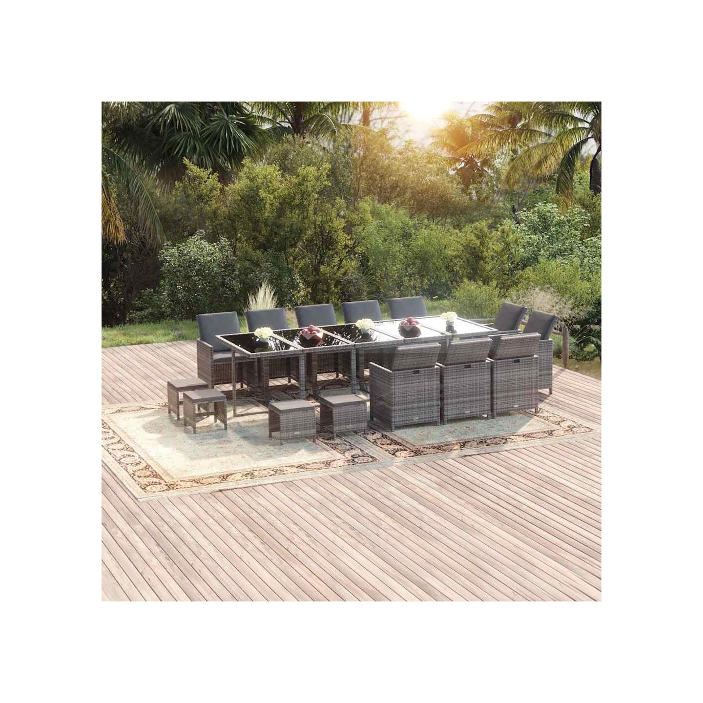 Ensemble à manger de jardin coussins 15 pcs Résine tressée Gris
