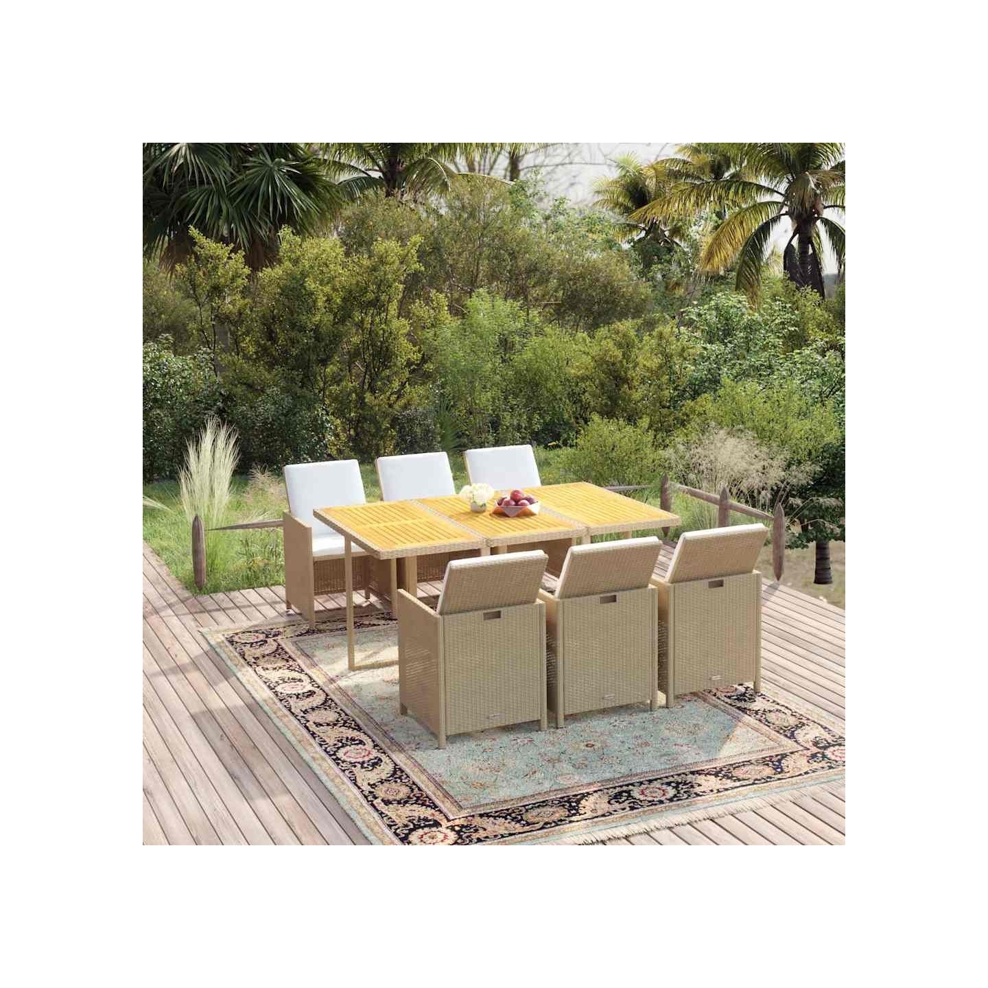 Ensemble à manger de jardin et coussins 7 pcs Poly rotin Beige