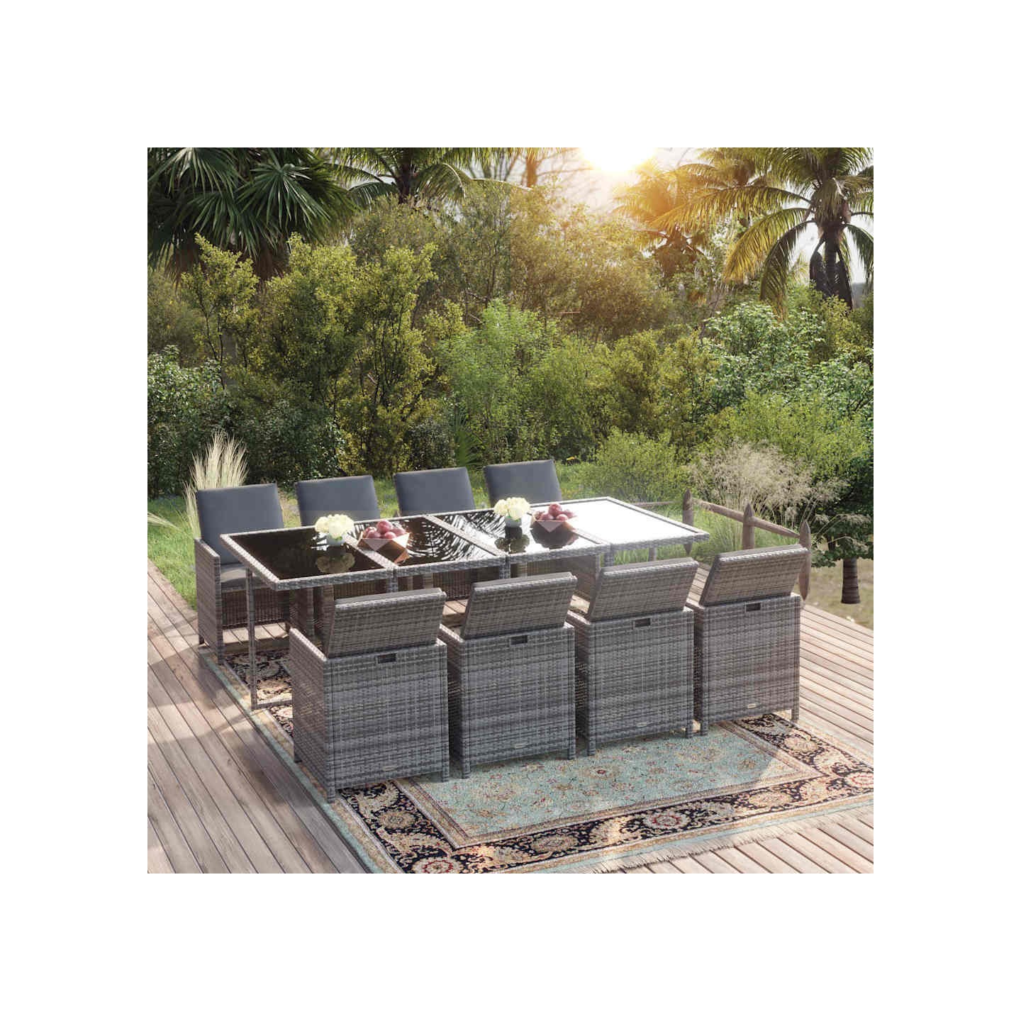 Ensemble à manger de jardin coussins 9pcs Résine tressée Gris