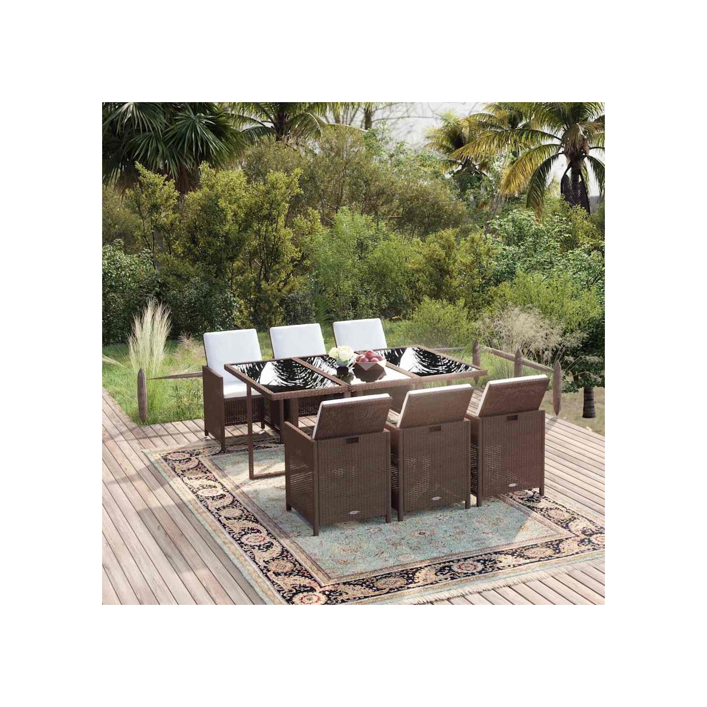 Ensemble à manger de jardin et coussins 7 pcs marron poly rotin