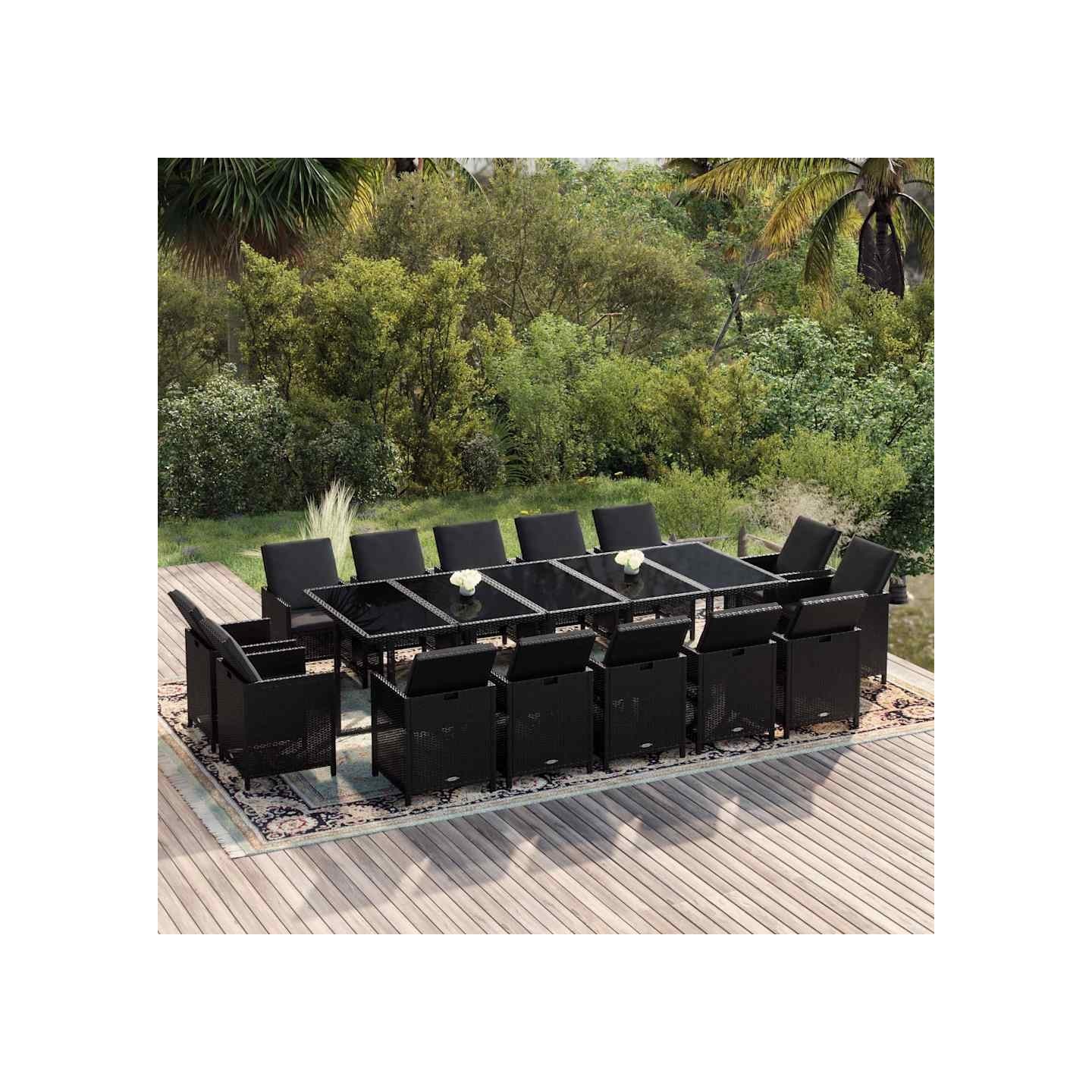 Ensemble à manger de jardin coussins 15 pcs Résine tressée Noir