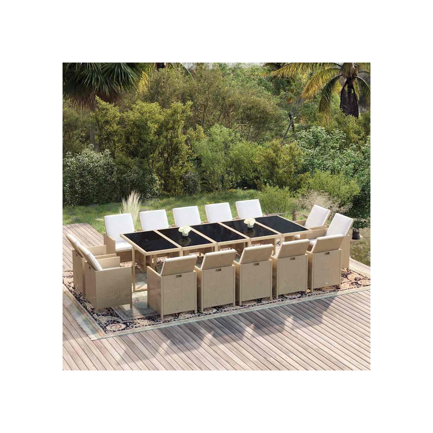 Ensemble à manger de jardin coussins 15pcs Résine tressée Beige
