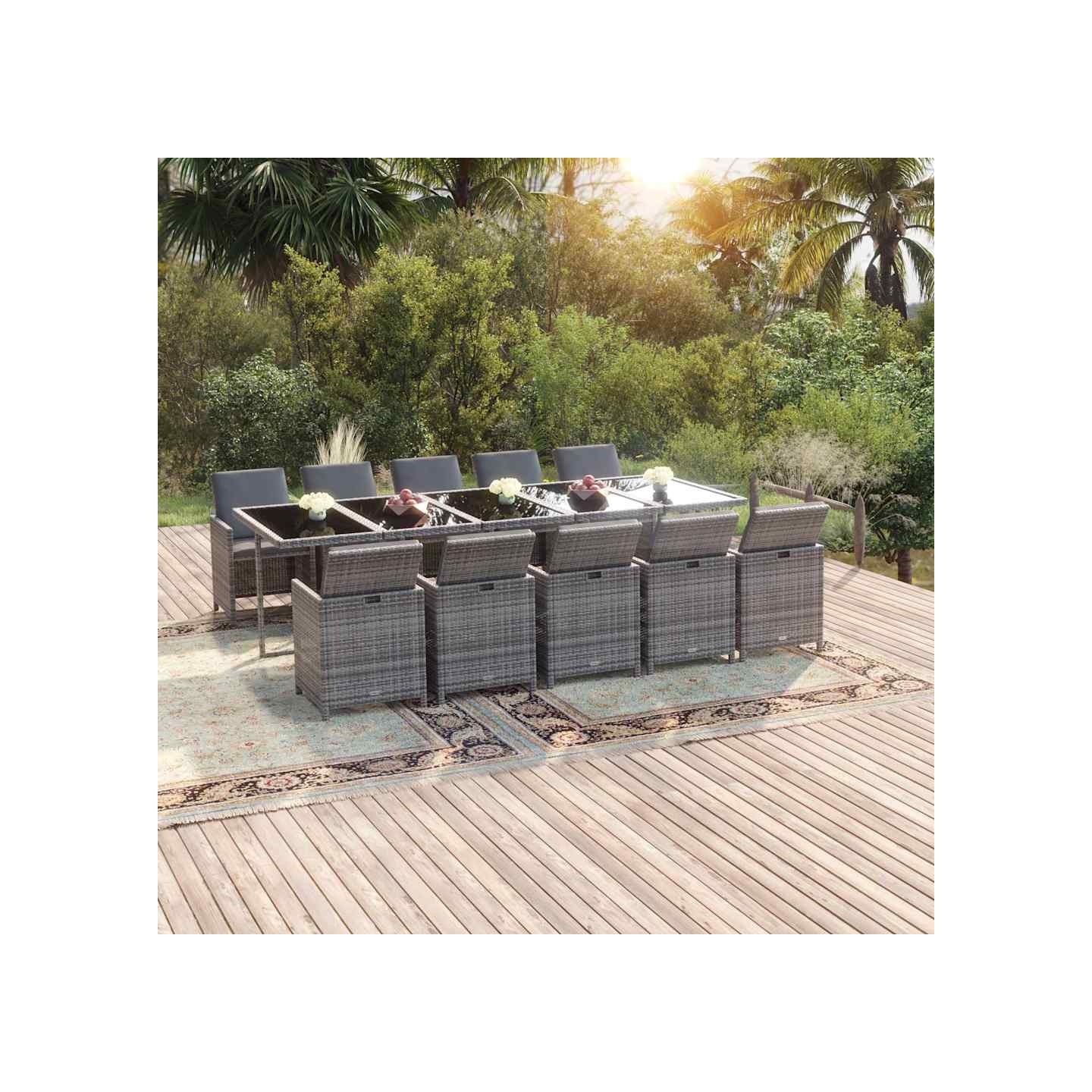 Ensemble à manger de jardin coussins 11 pcs Résine tressée Gris