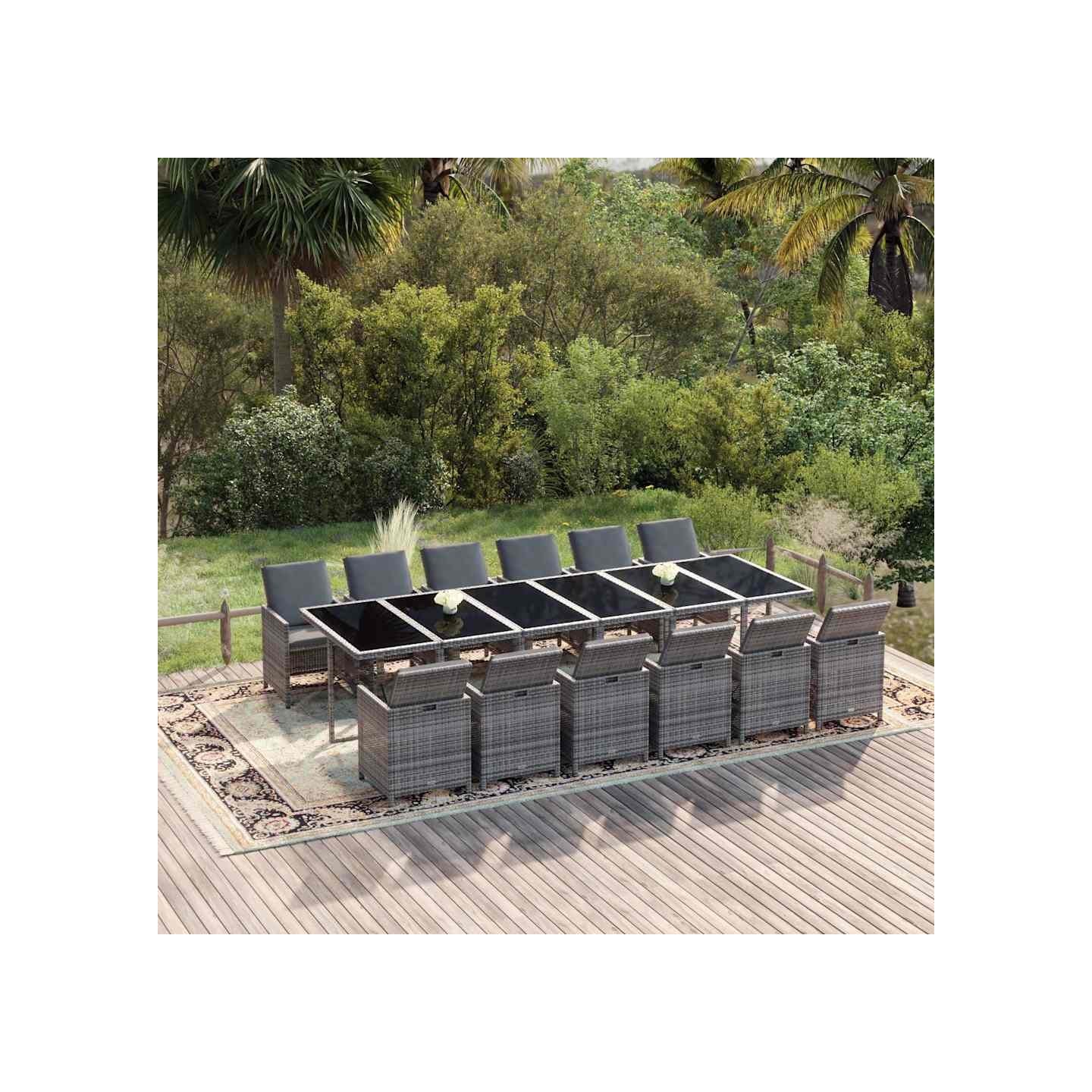 Ensemble à manger de jardin coussins 13 pcs Résine tressée Gris