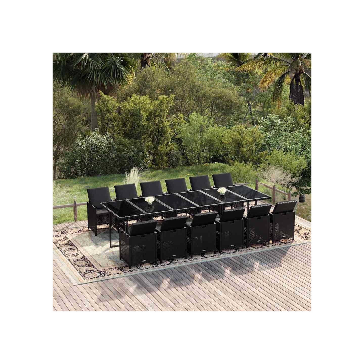 Ensemble à manger de jardin coussins 13 pcs Résine tressée Noir