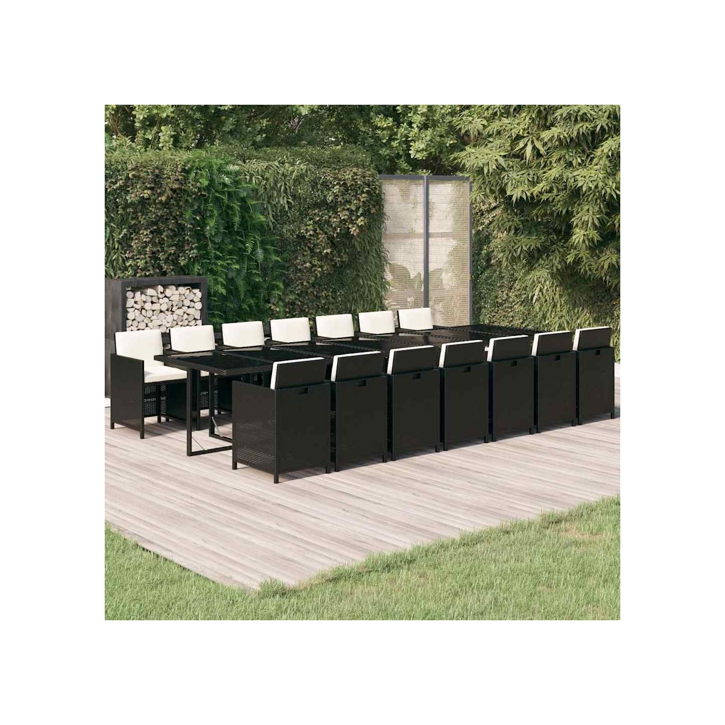 Ensemble à manger de jardin coussins 15 pcs Résine tressée Noir