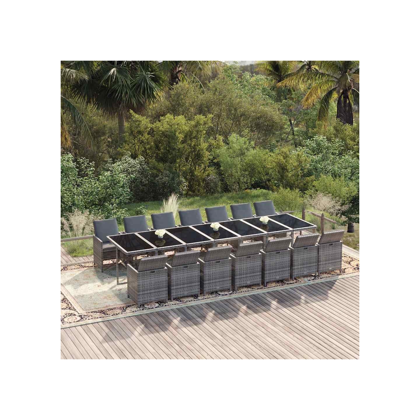 Ensemble à manger de jardin coussins 15 pcs Résine tressée Gris