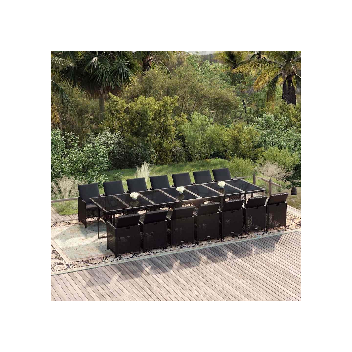 Ensemble à manger de jardin coussins 15 pcs Résine tressée Noir