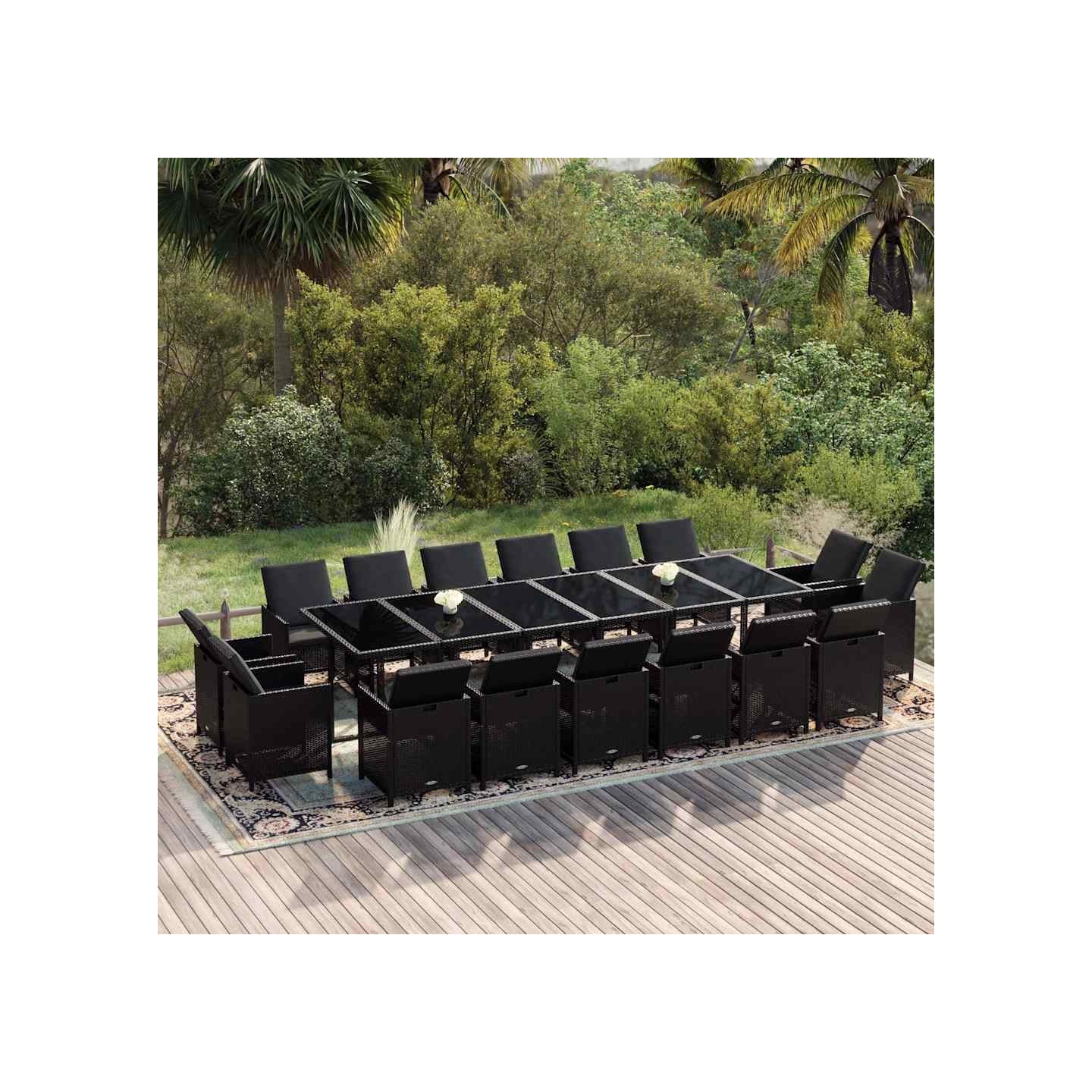 Ensemble à manger de jardin coussins 17 pcs Résine tressée Noir