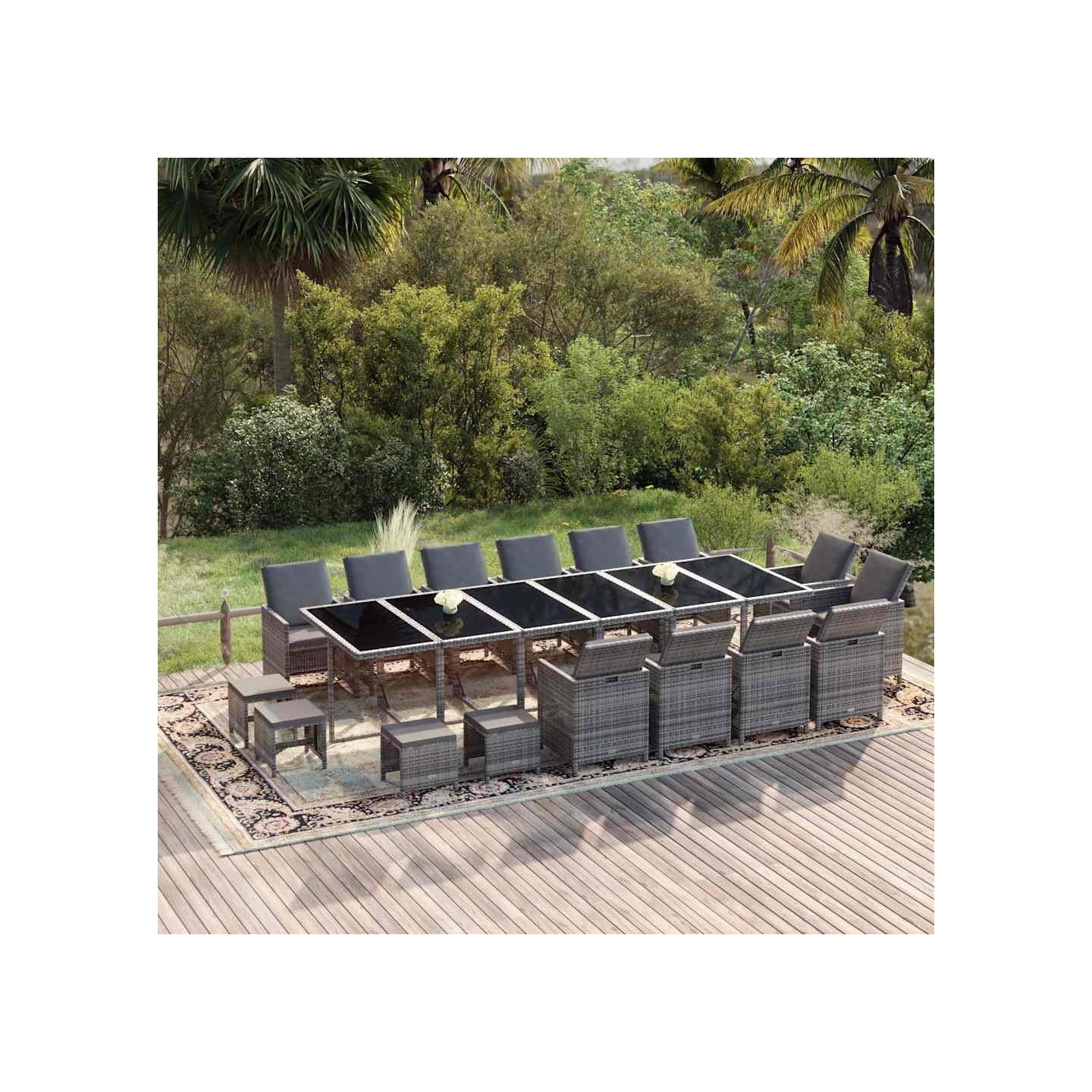 Ensemble à manger de jardin coussins 19 pcs Résine tressée Gris