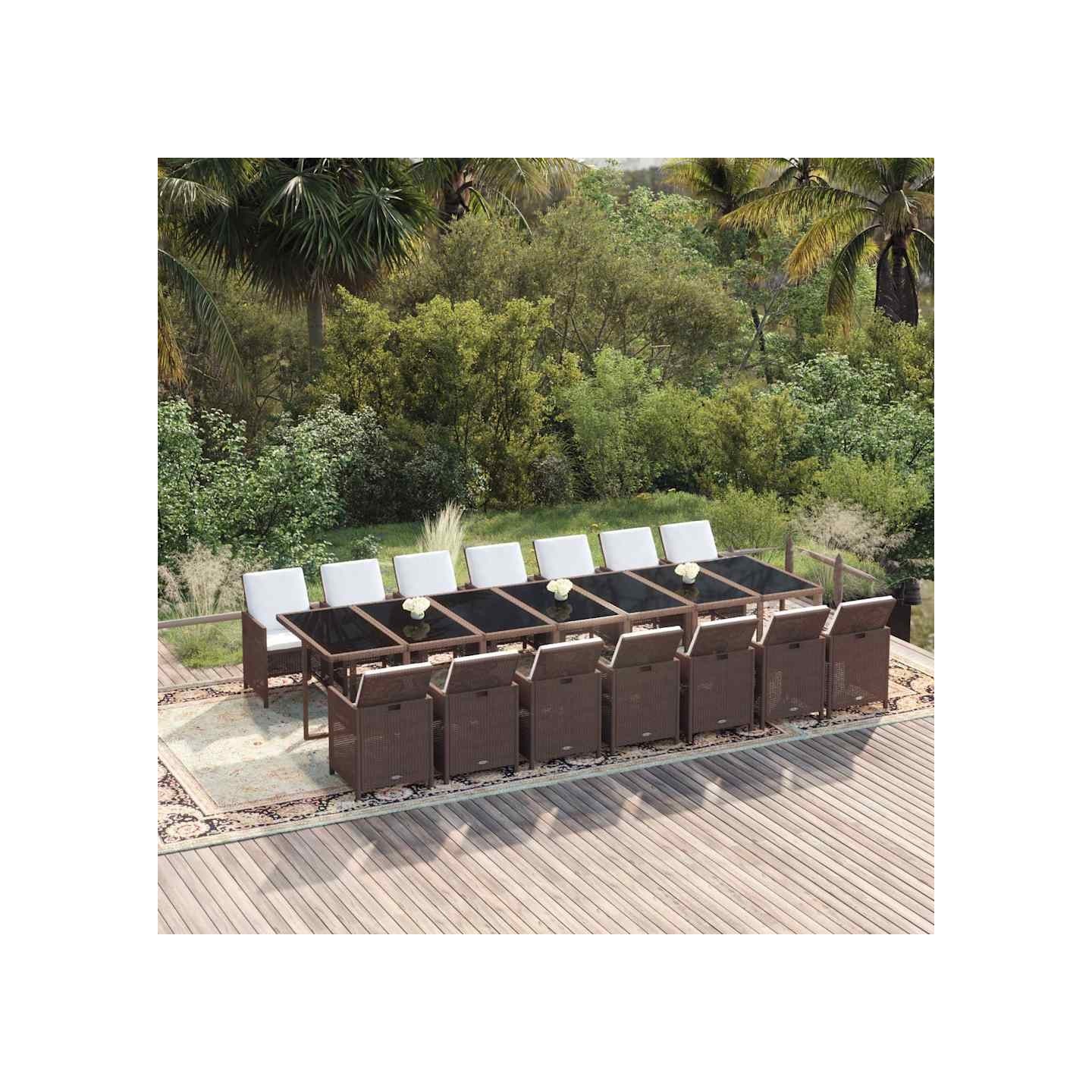 Ensemble à manger de jardin avec coussins 15 pcs Résine tressée