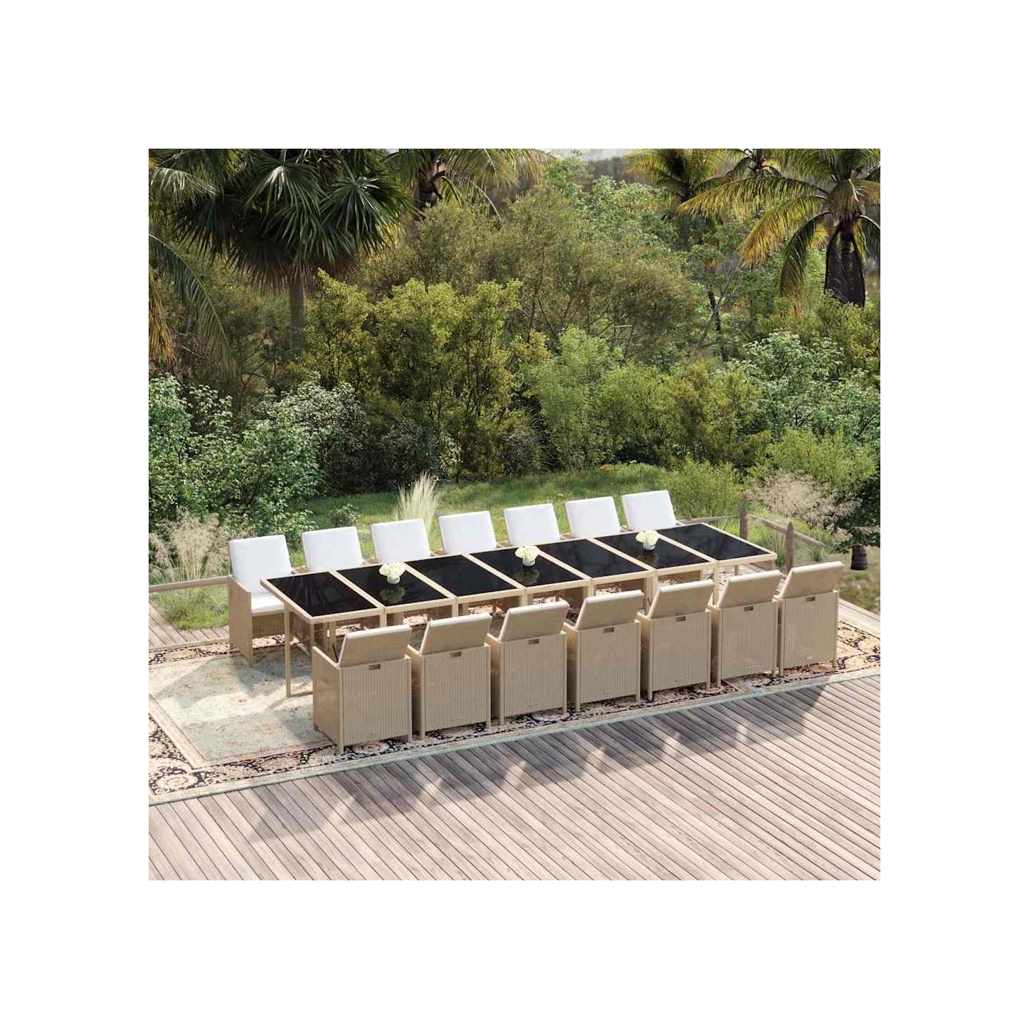 Ensemble à manger de jardin coussins 15pcs Résine tressée Beige