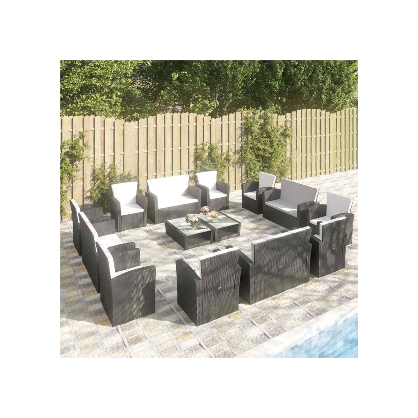 Salon de jardin 16 pcs avec coussins Résine tressée Noir