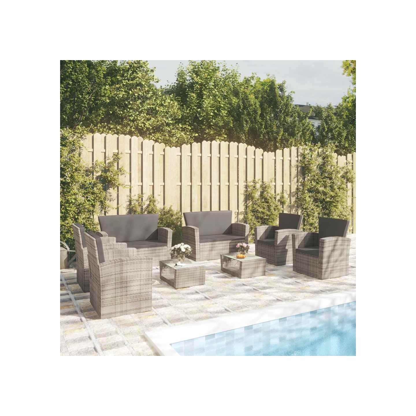 Salon de jardin 8 pcs avec coussins résine tressée gris