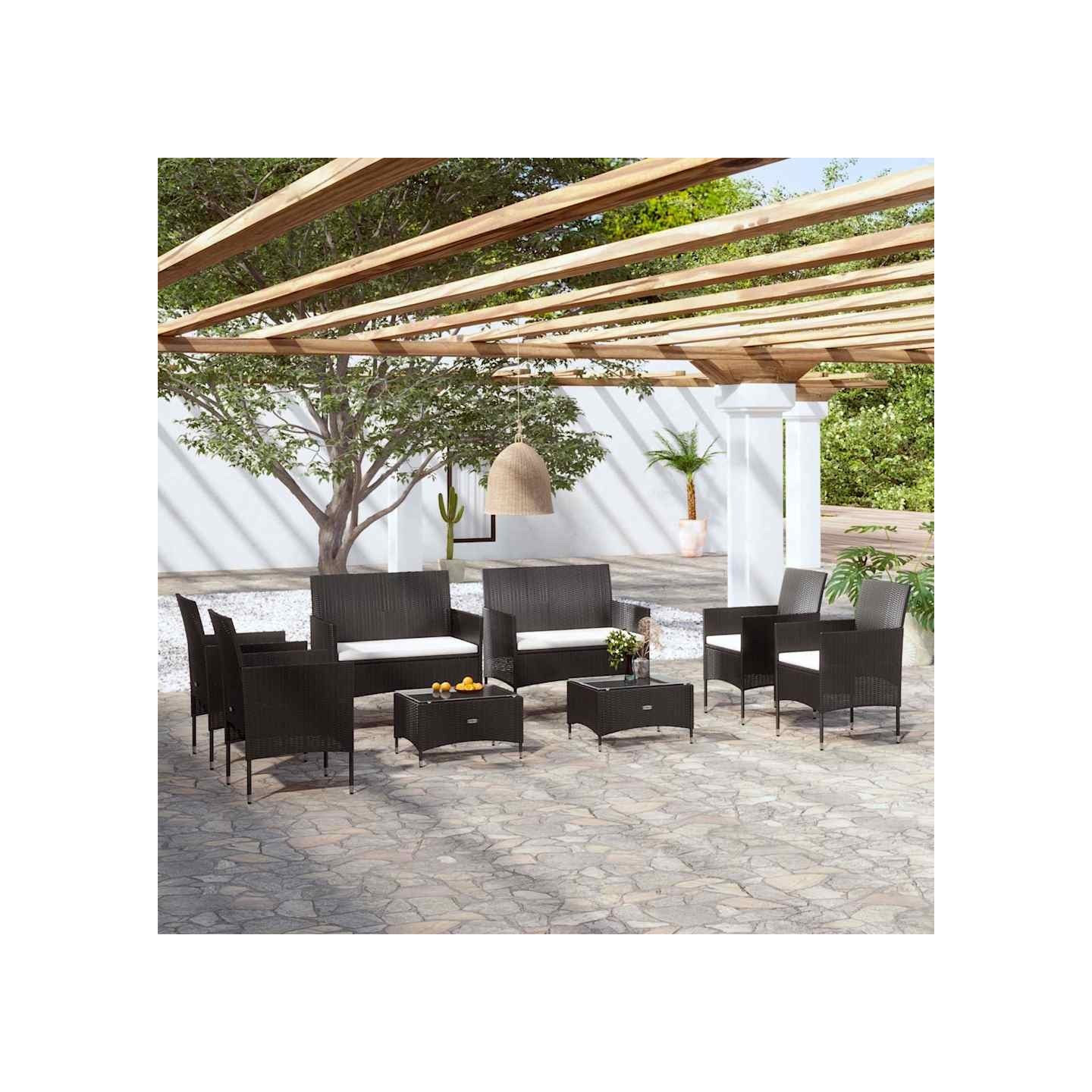 Salon de jardin 8 pcs avec coussins Résine tressée Noir