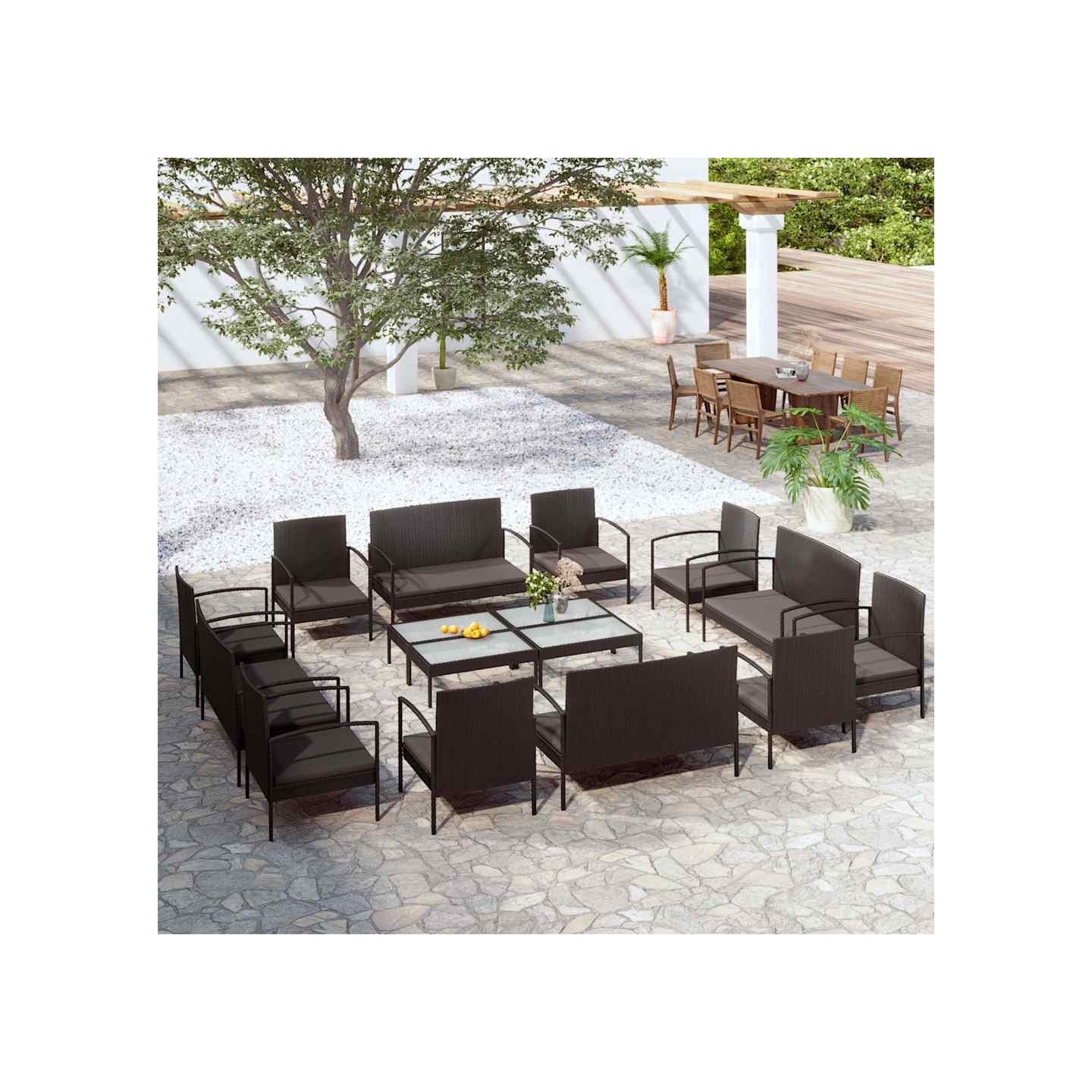 Salon de jardin 16 pcs avec coussins Résine tressée Noir