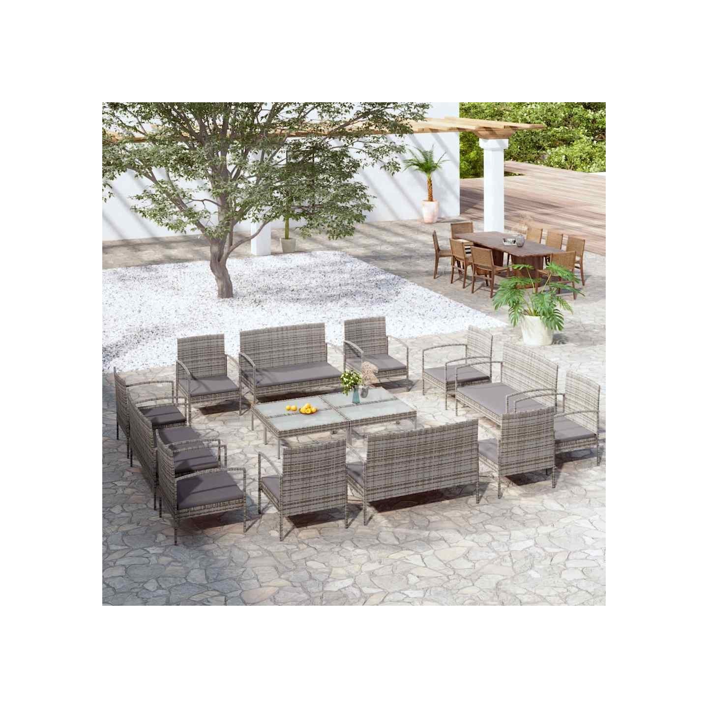 Salon de jardin 16 pcs avec coussins Résine tressée Gris