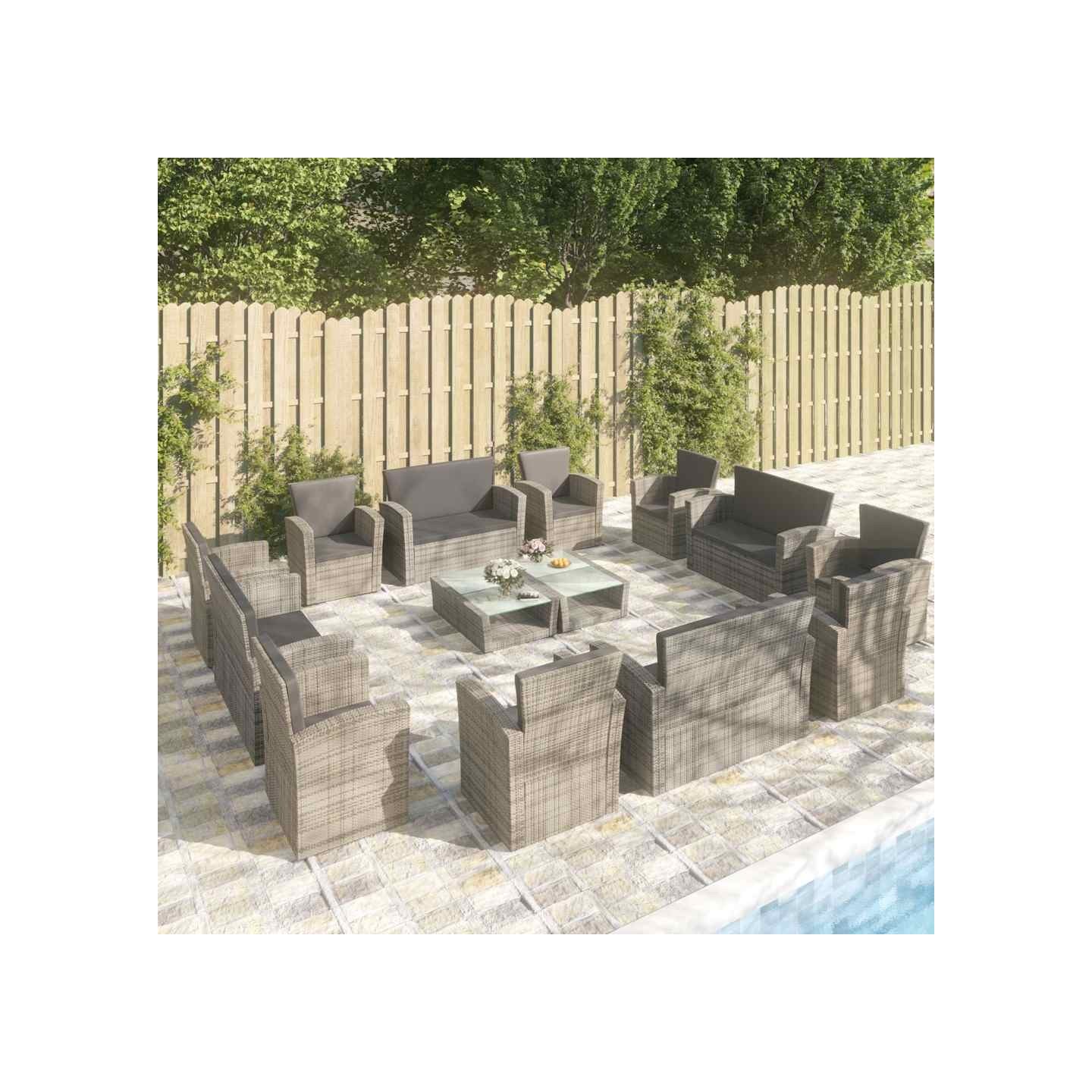 Salon de jardin 16 pcs avec coussins Résine tressée Gris
