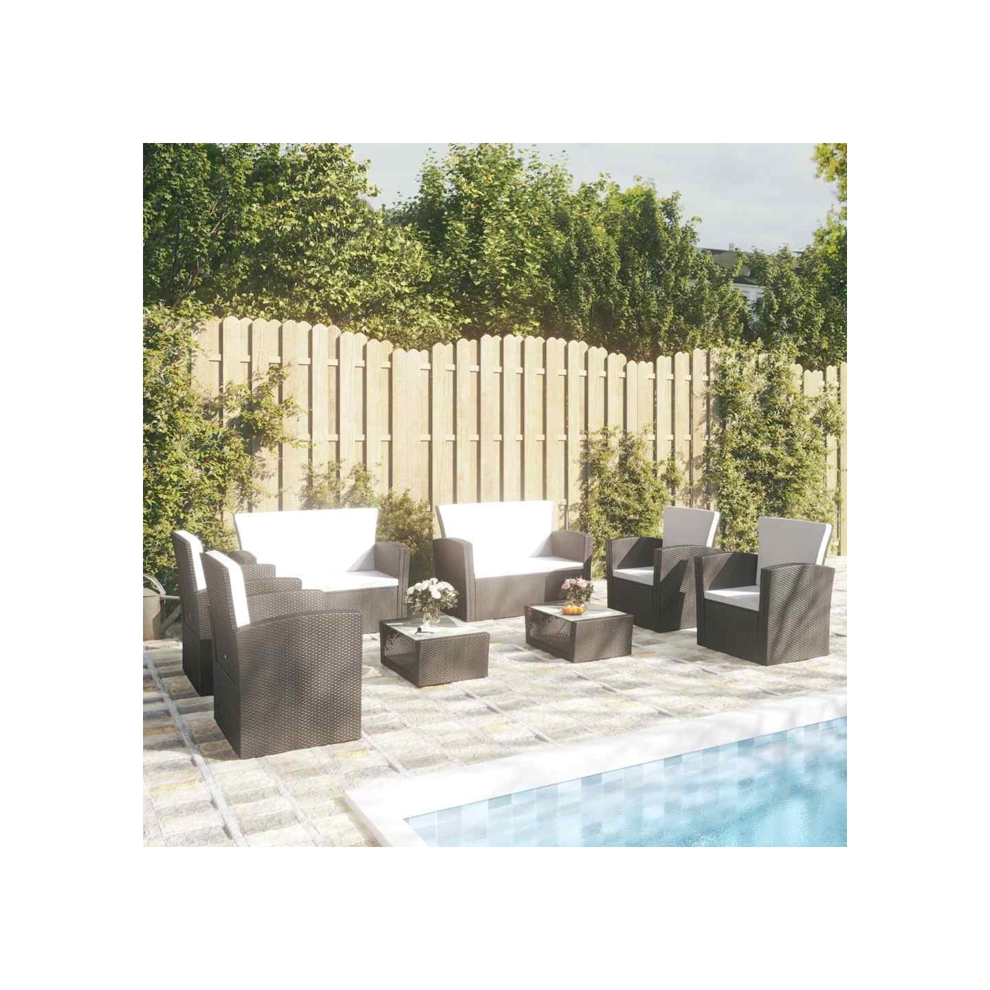 Salon de jardin 8 pcs avec coussins résine tressée noir