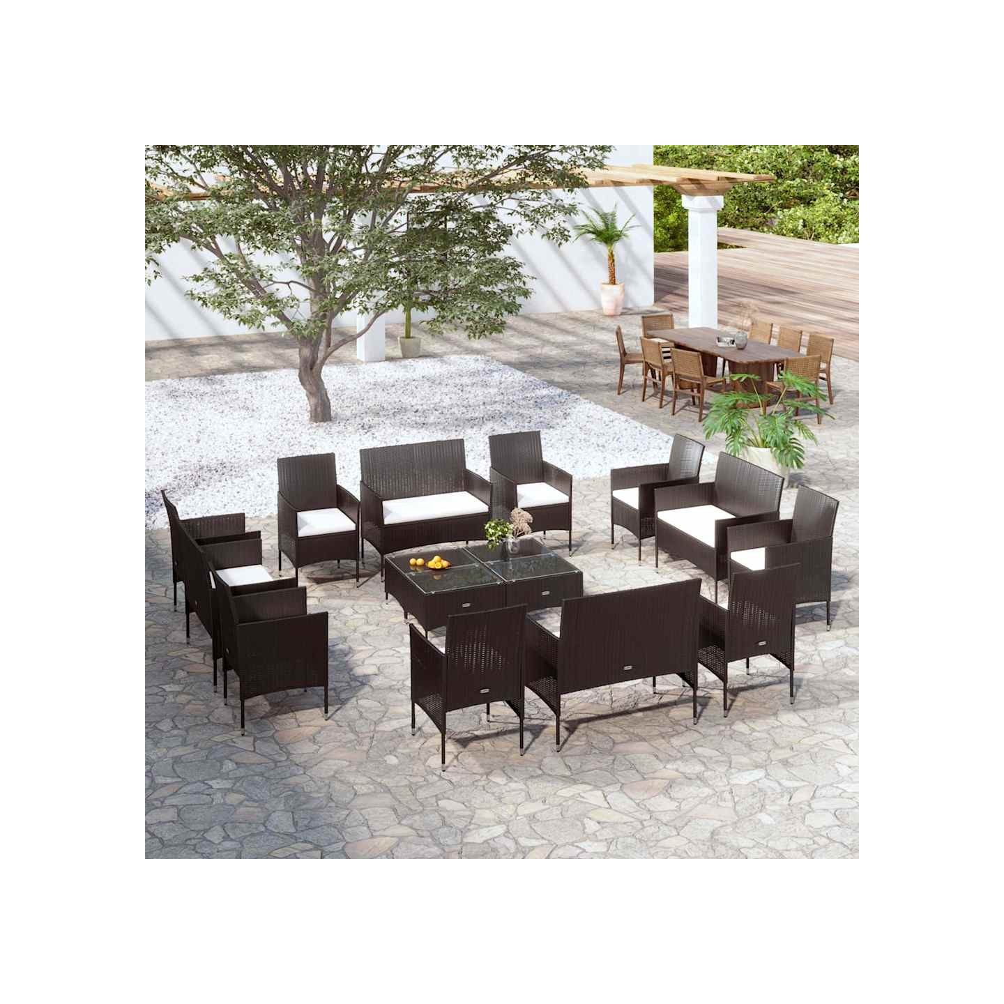 Salon de jardin 16 pcs avec coussins Résine tressée Noir
