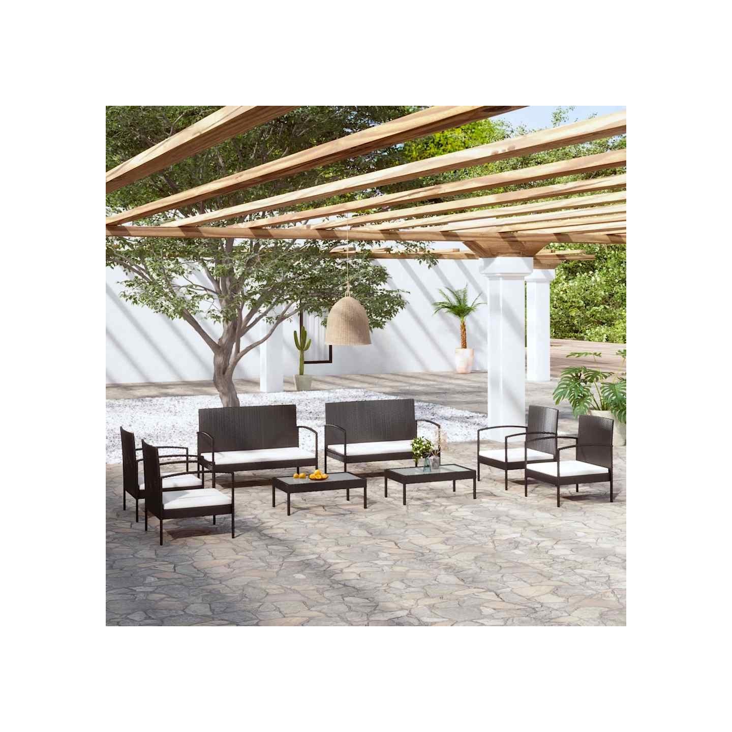 Salon de jardin 8 pcs avec coussins résine tressée noir