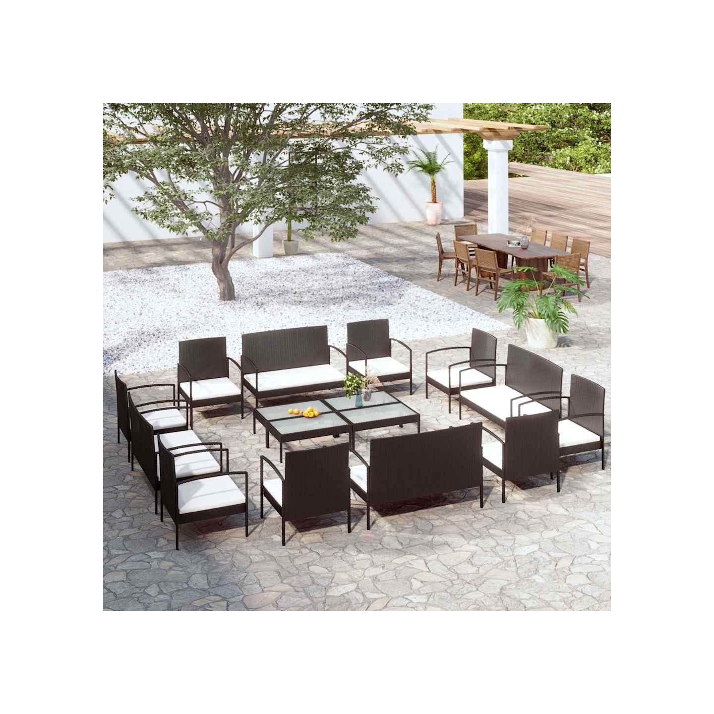 Salon de jardin 16 pcs avec coussins Résine tressée Noir