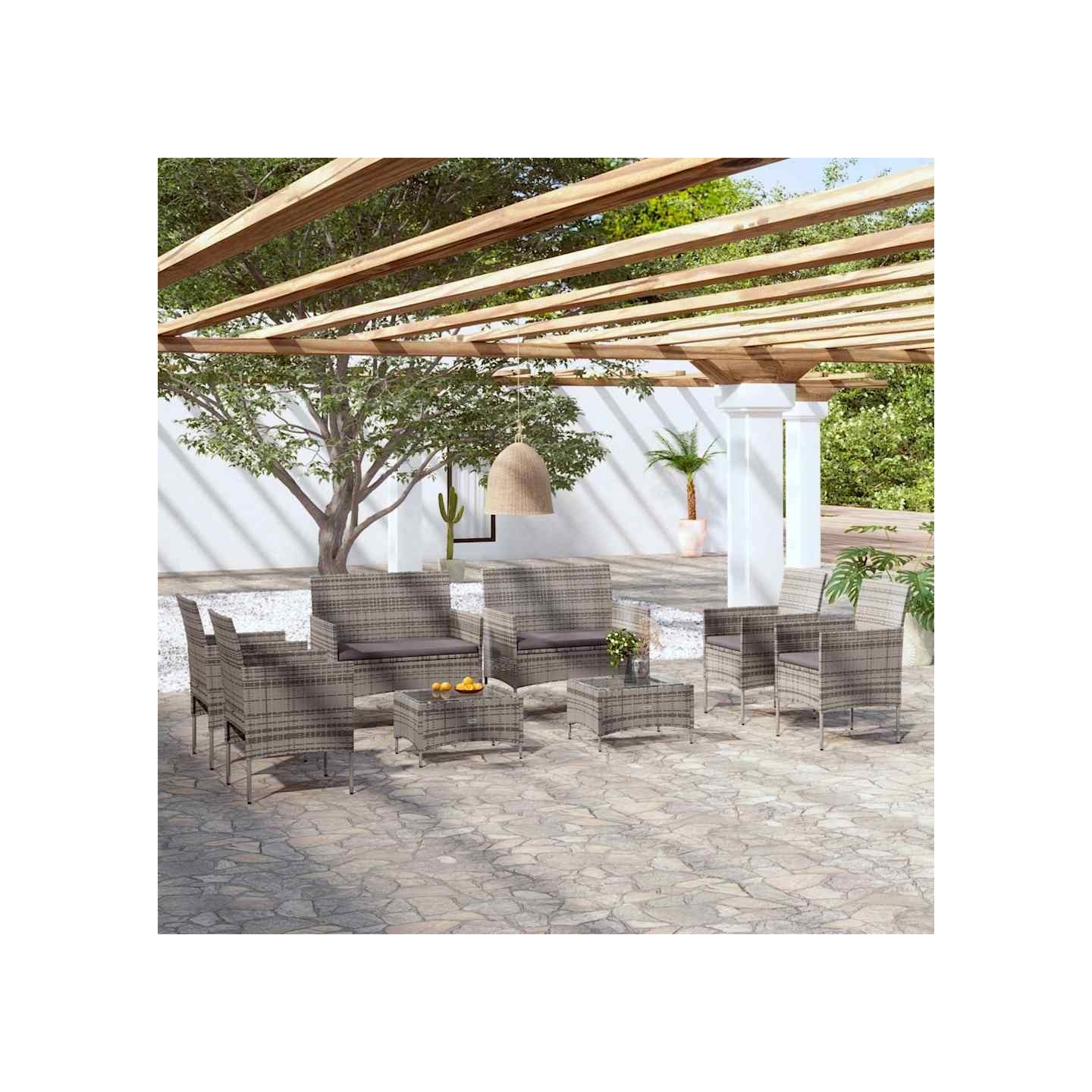 Salon de jardin 8 pcs avec coussins résine tressée gris