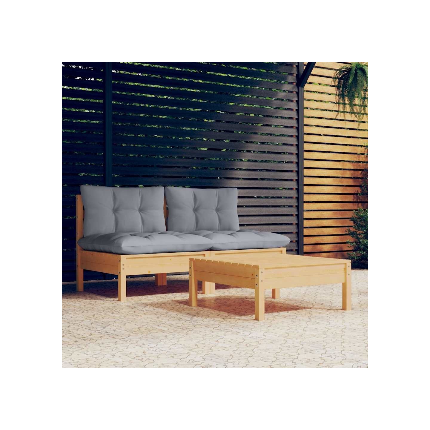 Salon de jardin 3 pcs avec coussins gris Bois de pin