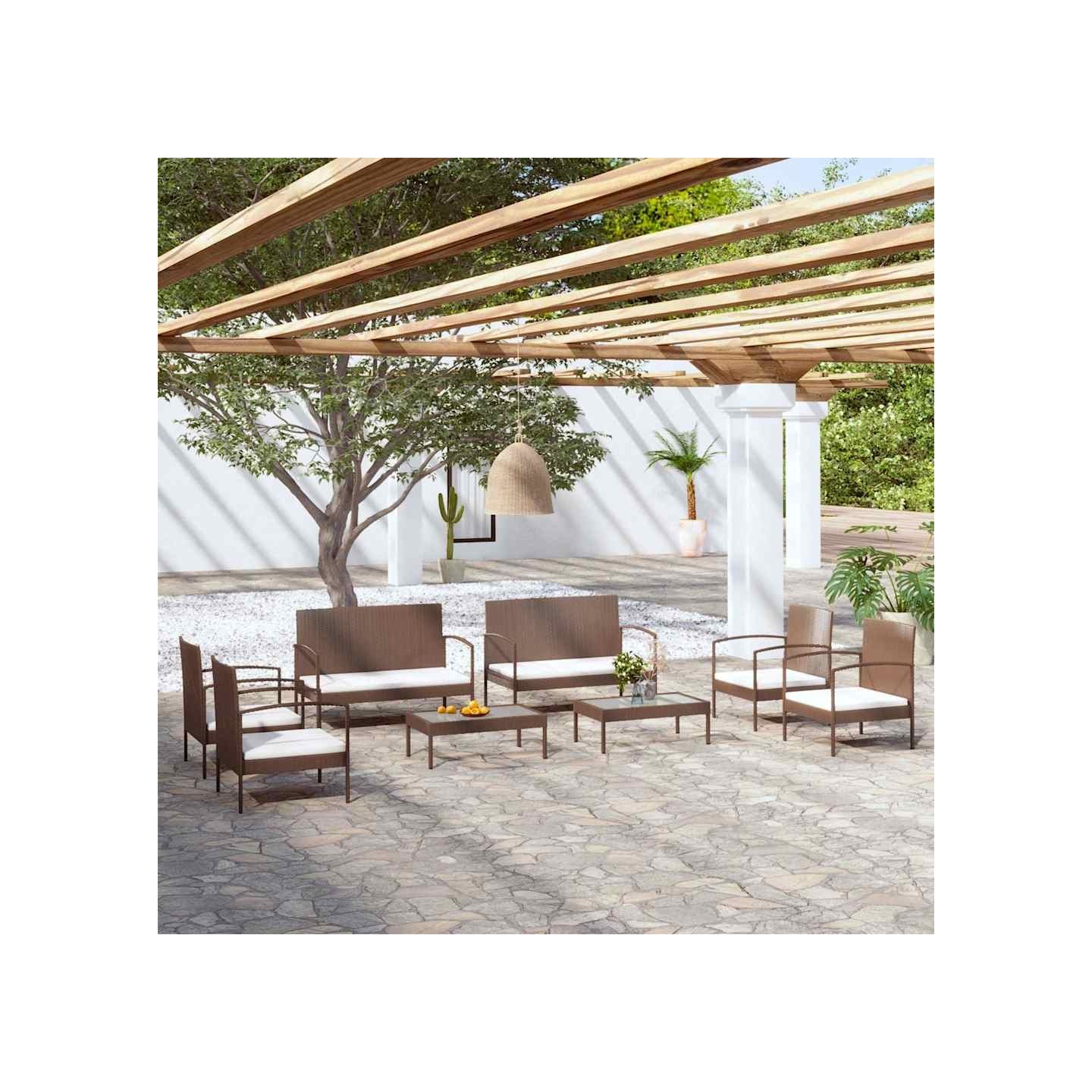 Salon de jardin 8 pcs avec coussins résine tressée marron