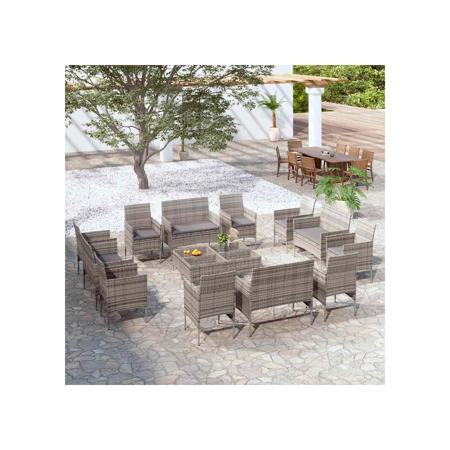 Salon de jardin 16 pcs avec coussins Résine tressée Gris