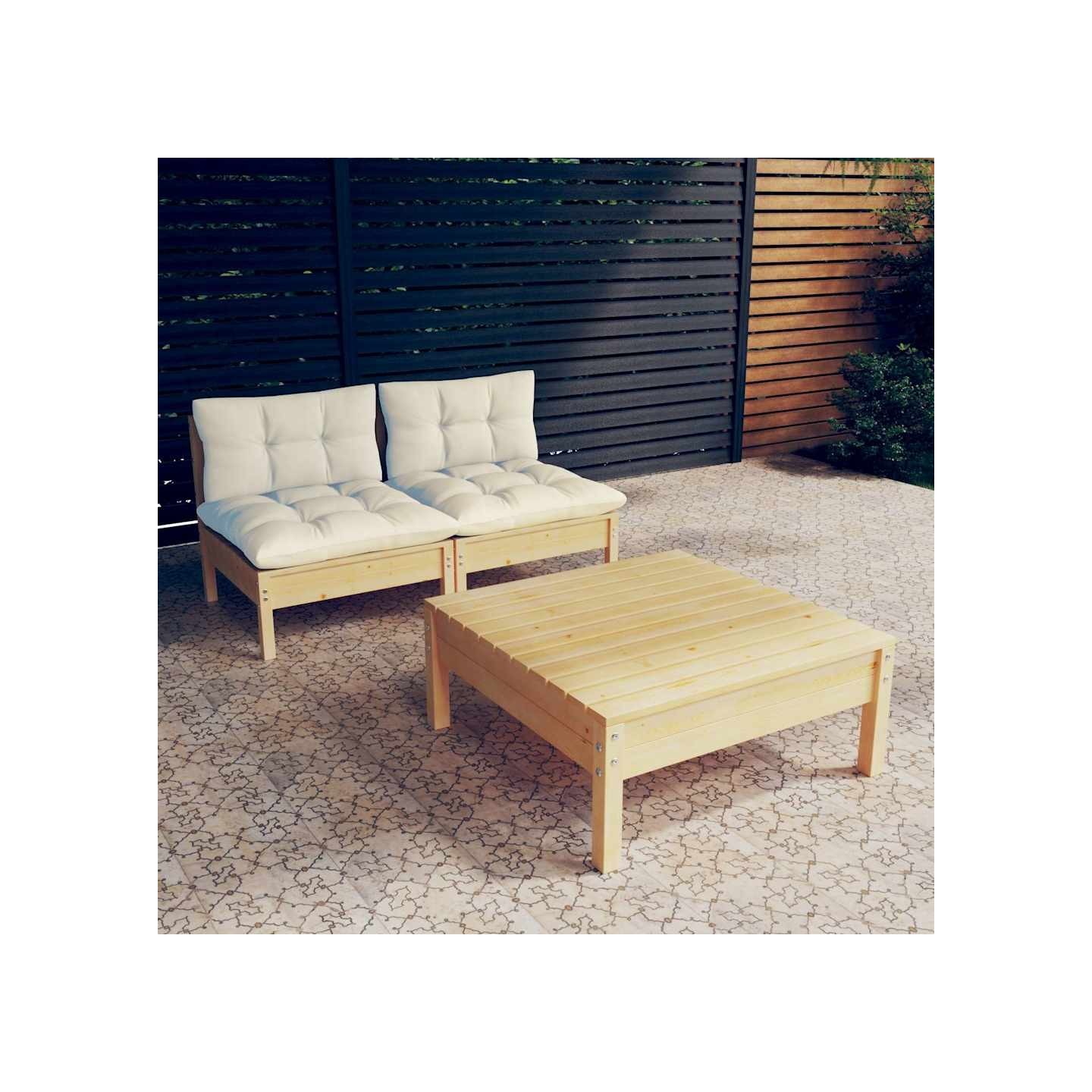 Salon de jardin 3 pcs avec coussins crème bois de pin