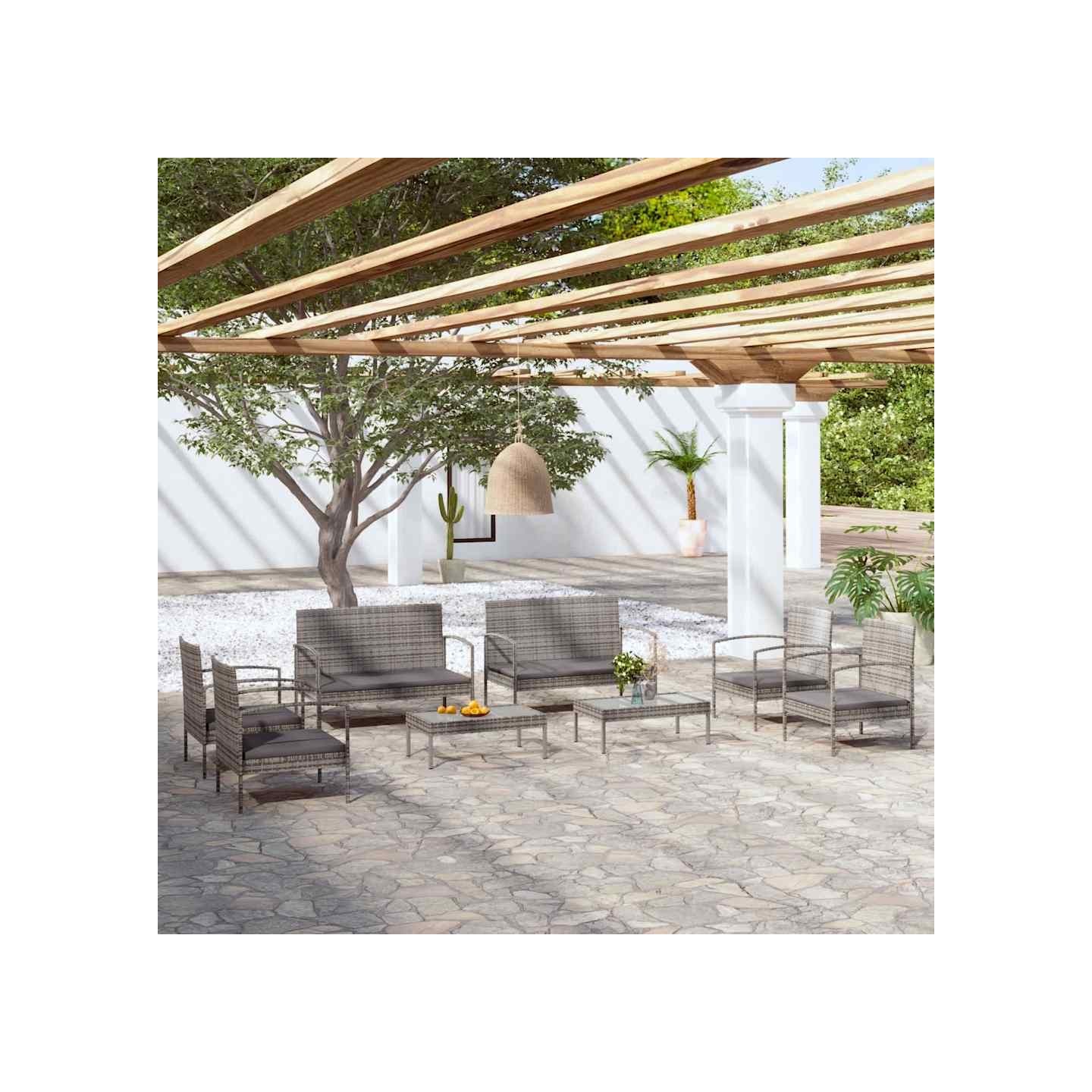Salon de jardin 8 pcs avec coussins résine tressée gris