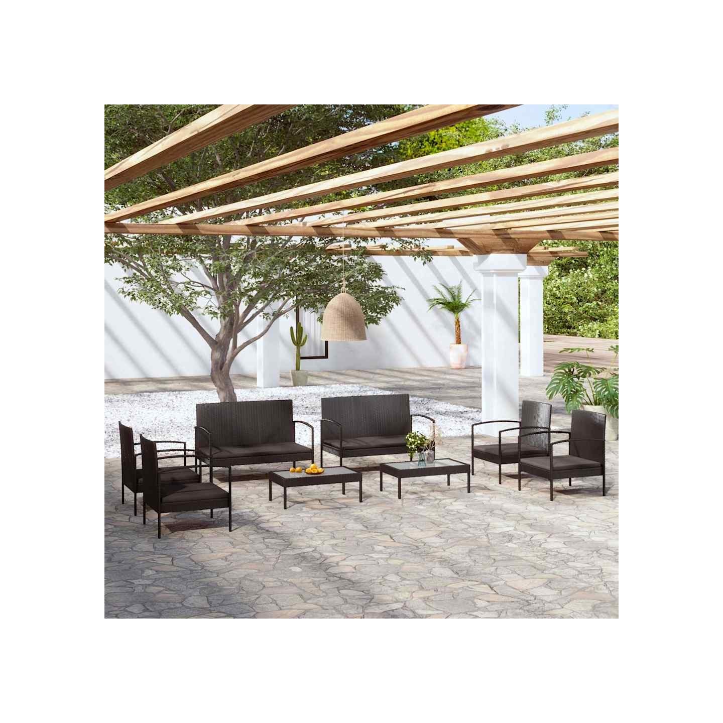 Salon de jardin 8 pcs avec coussins résine tressée noir