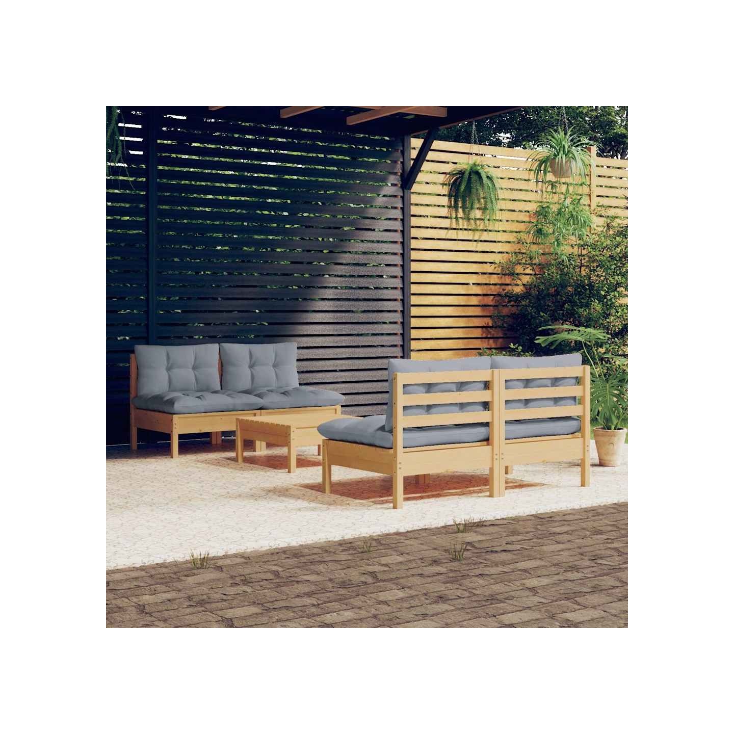 Salon de jardin 5 pcs avec coussins gris bois de pin