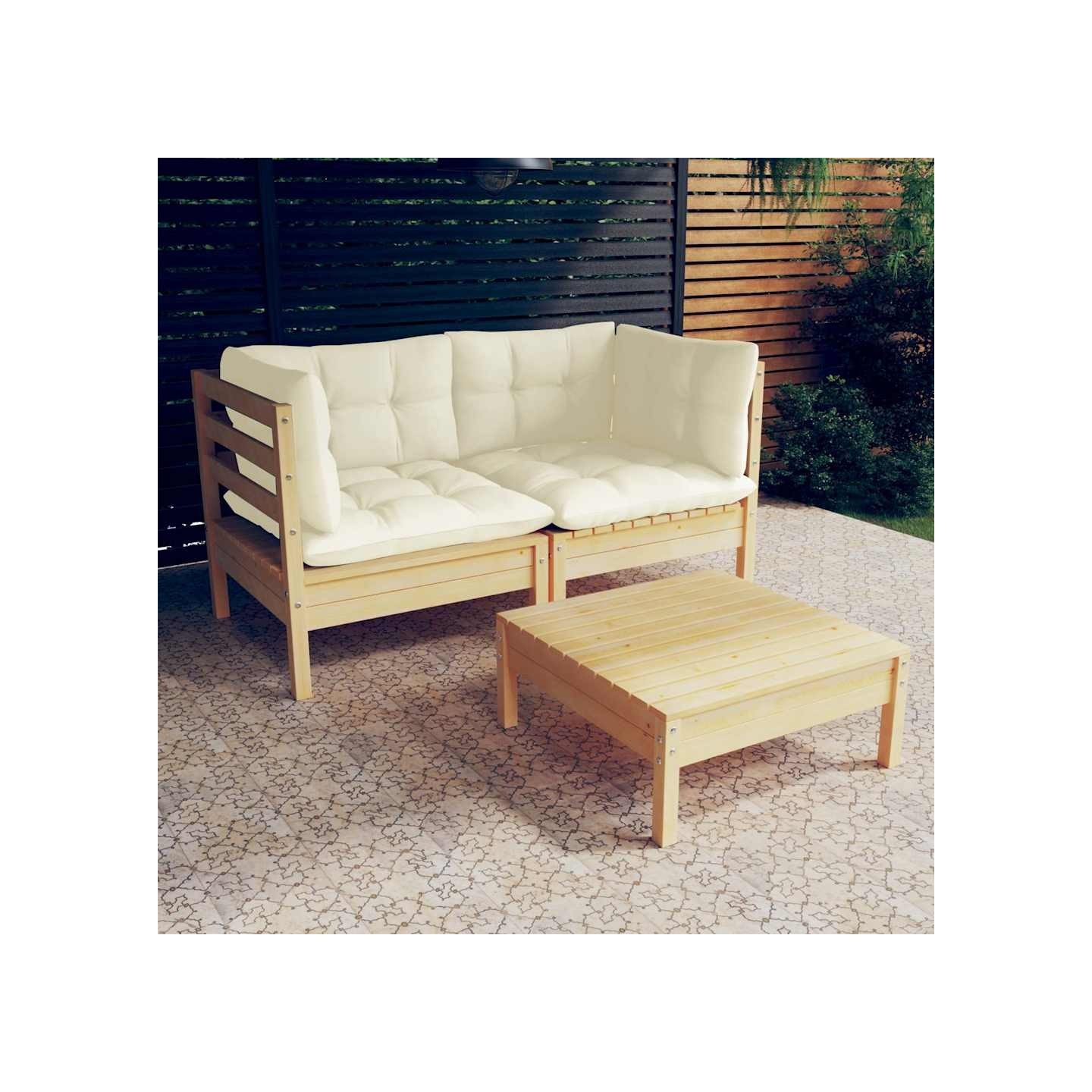 Salon de jardin 3 pcs avec coussins crème bois de pin