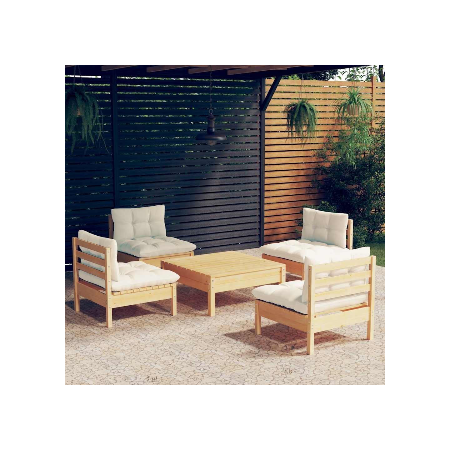 Salon de jardin 5 pcs avec coussins crème bois de pin