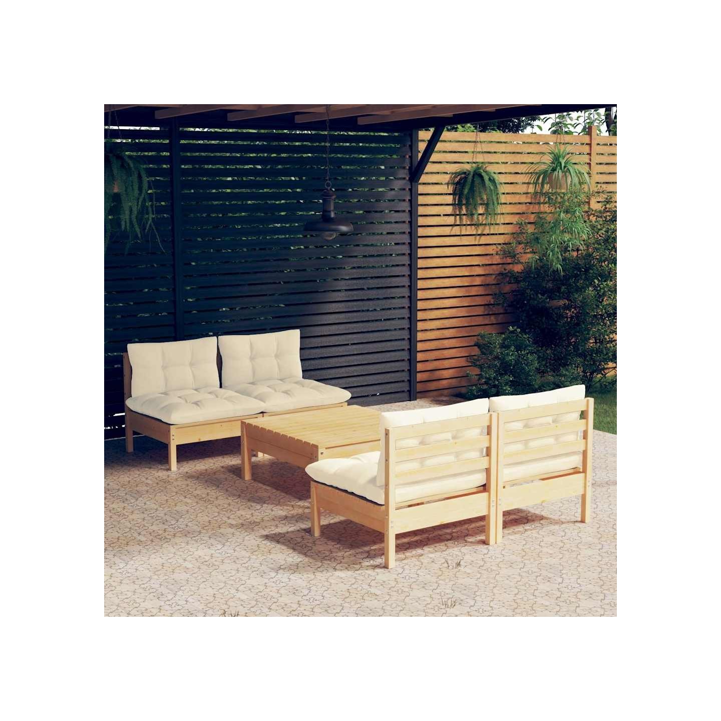 Salon de jardin 5 pcs avec coussins crème bois de pin