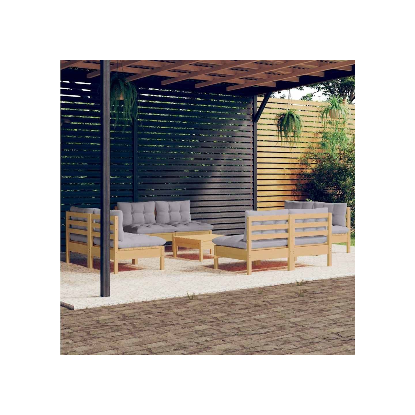 Salon de jardin 9 pcs avec coussins gris bois de pin