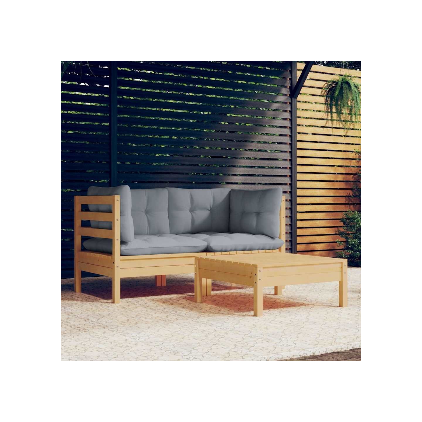 Salon de jardin 3 pcs avec coussins gris Bois de pin