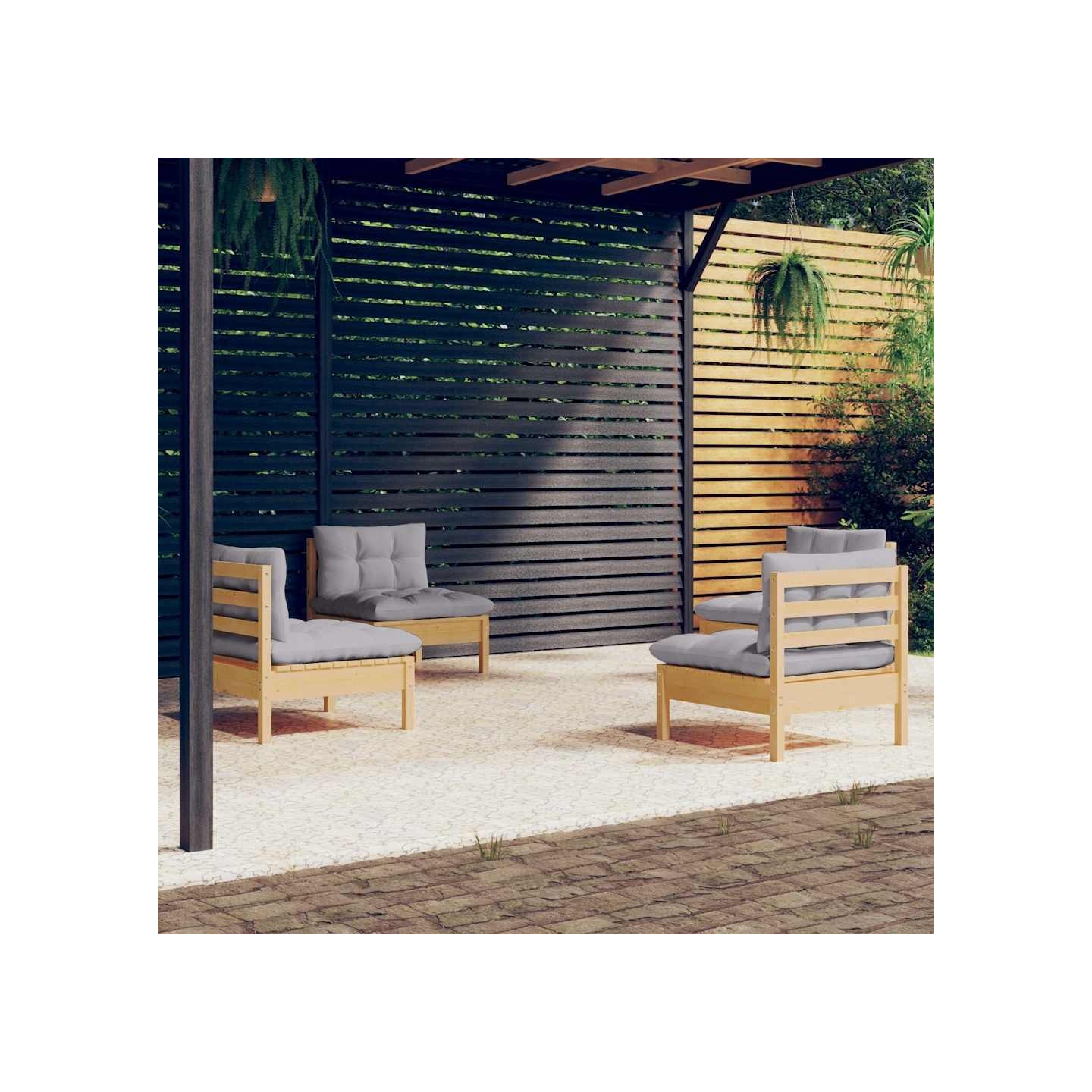 Salon de jardin 4 pcs avec coussins gris Bois de pin